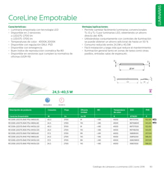 83Catálogo de Lámparas y Luminarias LED | Junio 2016
LUMINARIAS
CoreLine Empotrable
Características::
•	 Luminaria empotrada con tecnología LED
•	 Disponible en 2 versiones:
	 o LED27S-2700 lm
	 o LED37S-3700 lm
•	 Temperaturas de color: 4000K,3000K
•	 Disponible con regulación DALI: PSD
•	 Disponible con emergencia
•	 Buen índice de reproducción cromática Ra80
•	 Disponible en versiones que cumplen la normativa de
oficinas (UGR19)
Ventajas/aplicaciones:
•	 Permite cambiar fácilmente luminarias convencionales
TL-D y TL-5 por luminarias LED, obteniendo un ahorro
directo del 40%
•	 Utilizándolas conjuntamente con controles de iluminación
se puede obtener un ahorro adicional de hasta un 50 %
•	 Consumo reducido entre 24,5W y 40,5W
•	 Fácil instalación y larga vida que reduce el mantenimiento
•	 Iluminación general tanto en zonas de tarea como otras: 	
	 pasillos, entradas salas de espera,etc.
24,5-40,5 W
Descripción de producto Consumo Flujo Eficacia
Unidad
IRC Temperatura
de color
EOC PVR
CoreLine Empotrable W lm lm/W K 8718291 €
RC120B LED37S/840 PSU W60L60 40,5 3700 91 =80 4000 89755100 152,00
RC120B LED27S/840 PSU W60L60 24,5 2700 110 =80 4000 89756800 143,00
RC120B LED37S/840 PSU W30L120 40,5 3700 91 =80 4000 89757500 152,00
RC120B LED27S/840 PSU W30L120 24,5 2700 110 =80 4000 89758200 143,00
RC120B LED37S/840 PSD W60L60 37,5 3700 99 =80 4000 26818500 207,00
RC120B LED27S/840 PSD W60L60 24,5 2700 110 =80 4000 26819200 198,00
RC120B LED37S/840 PSD W30L120 37,5 3700 99 =80 4000 26820800 207,00
RC120B LED27S/840 PSD W30L120 24,5 2700 110 =80 4000 26821500 198,00
REGULABLE 50.000 H
 