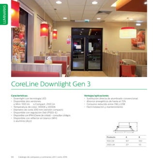 90 Catálogo de Lámparas y Luminarias LED | Junio 2016
LUMINARIAS
Producto A B
1100 LM 167 100
2100 LM 217 113
B
A
Características:
•	 Downlight con tecnología LED		
•	 Disponible dos versiones:		
	 o Mini: 1100 lm o Compact: 2100 lm	
•	 Temperatura de color: 3000K y 4000K	
•	 Diámetro de corte 200 mm (versión compact)
•	 Disponible con regulación Dali (PSED-E)	
•	 Disponible con IP44 (Cierre de cristal) - consultar códigos
•	 Disponible con reflector en blanco (WH)
	 o aluminio (ALU)		
Ventajas/aplicaciones:
•	 Sustitución directa de alumbrado convencional
•	 Ahorros energéticos de hasta el 75%	
•	 Consumo reducido entre 11W y 22W		
•	 Fácil instalación y mantenimiento			
CoreLine Downlight Gen 3
 