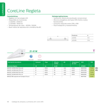 98 Catálogo de Lámparas y Luminarias LED | Junio 2016
LUMINARIAS
CoreLine Regleta
Características:
•	 Regleta con tecnología LED
•	 Disponible en 2 versiones:
	 o LED19S= 2000 lm
	 o LED38S= 4000 lm
•	 Temperaturas de color: 4000K, 3000K
•	 Buen índice de reproducción cromática Ra80
Ventajas/aplicaciones:
•	 Sustitución directa de alumbrado convencional
•	 Ahorros energéticos de hasta 40% frente a tubos
fluorescentes
•	 Consumo reducido entre 21W y 41W
•	 Fácil instalación y mantenimiento
21-41 W
Descripción de producto Consumo Flujo Eficacia
Unidad
IRC Temperatura
de color
EOC PVR
CoreLine Regleta W lm lm/W 8718291 €
BN120C LED19S/840 PSU L60 21 2000 95 =80 4000 89955599 75,00
BN120C LED38S/840 PSU L12 41 4000 95 =80 4000 89957999 105,00
BN120C LED19S/830 PSU L60 21 2000 95 =80 3000 89959399 75,00
BN120C LED38S/830 PSU L12 41 4000 95 =80 3000 89961699 105,00
BN120Z MB (soporte de montaje) (10 pcs) 89971599 15,00
50.000 HREGULABLE
Producto A
LED19S 572
LED38S 1134
A
58.4
57.60
70
102
C
D
B
 