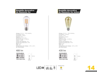 14
Voltaje: AC110 - 130V 50/60Hz
Corriente: 63mA
Consumo: 4 Watts
Ángulo: 320º
Eficiencia: 120 lm/w
Horas de vida: 15,000hrs
Color: 2,700k
Factor de Potencia: >0.4
Grado de protección: IP24
Base: E27
CRI: ≥80
Temperatura de trabajo: -20ºc a 40ºc
No dimerizable
Voltaje: AC110 - 130V 50/60Hz
Corriente: 75-90mA
Lm Ini: ≈+4%
Consumo: 4 Watts
Ángulo: 320º
Horas de vida: 15,000hrs
Color: 2,700k
Factor de Potencia: >0.4
Grado de protección: IP24
Base: E27
CRI: ≥80
Temperatura de trabajo: -20ºc a 40ºc
No dimerizable
480 lm 430 lm
2700 K
Temperatura de Color
Residencial Comercial
Luz Cálida
Bombilla decorativa
de filamento 4w ámbar
Bombilla decorativa
de filamento 4w
144 mm 144 mm
64 mm 64 mm
4W
Ahorro hasta un 90%
40-60W
HALÓGENO
LED
4W
Ahorro hasta un 90%
40-60W
HALÓGENO
LED
 