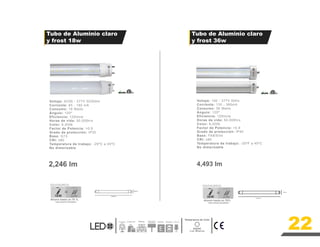 22
2,246 lm
Ahorro hasta un 78 %
INCANDESCENTE
LED
18W 2x40W
Bodega
Tuneles Exterior
Comercial Parqueo
Decorativa y
Publicitaria
Temperatura de Color
6000K
Luz Blanca
*más consumo de balastro*
Ahorro hasta un 76%
INCANDESCENTE
LED
36W 2x75W
4,493 lm
*más consumo de balastro*
1800mm
Voltaje: AC85 - 277V 50/60Hz
Corriente: 65 - 180 mA
Consumo: 18 Watts
Ángulo: 120º
Eficiencia: 120lm/w
Horas de vida: 50,000hrs
Color: 6,000k
Factor de Potencia: >0.9
Grado de protección: IP20
Base: G13
CRI: ≥80
Temperatura de trabajo: -20ºC a 45ºC
No dimerizable
Voltaje: 100 - 277V 50Hz
Corriente: 130 - 360mA
Consumo: 36 Watts
Ángulo: 120º
Eficiencia: 120lm/w
Horas de vida: 50,000hrs
Color: 6,000k
Factor de Potencia: >0.9
Grado de protección: IP40
Base: FA8/Slim
CRI: ≥80
Temperatura de trabajo: -20ºF a 45ºC
No dimerizable
Tubo de Aluminio claro
y frost 18w
Tubo de Aluminio claro
y frost 36w
1198mm
2,385mm
29mm
29mm
 
