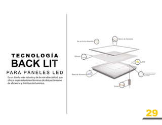 29
T E C N O L O G Í A
PA R A P Á N E L E S L E D
BACK LIT
Es un diseño más robusto y de la más alta calidad, que
ofrece mejoras tanto en términos de disipación como
de eficiencia y distribución lumínica.
 