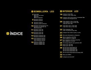 2
Riel para Sobreponer y Empotrar
Barra magnética 12w/16w
Spot magnético Colgante
ÍNDICE
BOMBILLERÍA LED
GU10 5W
MR16 5w con lente
MR16 5w
MR16 7w Dimmer
Bombilla LED 3w
Bombilla LED 5w
Bombilla LED 7w
Bombilla LED 7w Dimmer
Bombilla LED 10w
Bombilla LED 12w
Bombilla de Emergencia 7w
Bombilla con Sensor de
Movimiento 9w
Bombilla LED 15w
Bombilla LED 18w
Bombilla filamento 4w
Bombilla filamento 5w
Vela filamento 4w E12
Vela filamento 4w E14
Vela filamento 4w E27
Reflector PAR20 10w
Reflector PAR30 12w
Reflector PAR38 18w
7
8
9
11
10
12
14
15
16
INTERIOR LED
Lámpara lineal 36w
Lámpara lineal negra 36w
Lámpara LED contra polvo y humedad 36w
Lámpara de emergencia 4w
Tubo plástico claro y frost 9w
Tubo plástico claro y frost 18w
Tubo de vidrio 18w
Tubo Slim claro y frost 18w
Tubo Slim claro y frost 36w
Tubo integrado 18w
Tubo T5 aluminio frost 18w
Lámpara tipo listón 2 pies y 4 pies
Ojo de buey empotrable 3w
Ojo de buey empotrable 6w
Ojo de buey empotrable 12w
Ojo de buey empotrable 18w
Ojo de buey empotrable 5w 3steps LED
Base para MR16
Lámpara de techo E27
Tecnología Backlit para páneles LED
18
19
20
21
22
23
28
25
26
27
31
32
33
30
Panel 2x2’ LED 40w
Panel 2x4’ LED 72w
29
Spot magnético Cilíndrico 5w/15w
Spot magnético Circular
 