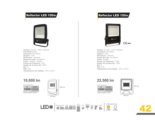 42
10,000 lm 22,500 lm
100W 300W
Ahorro hasta un 67%
LED
150W 400W
Ahorro hasta un 63
LED
Voltaje: AC100 - 265V 50/60Hz
Corriente:48mA
Consumo:100 Watts
Ángulo: 120º
Eficiencia: 100lm/w
Horas de vida: 20,000hrs
Color: 3,000k , 6,500k
Factor de Potencia: >0.9
Grado de protección: IP65
KV: 6
CRI: ≥80
Temperatura de trabajo: -20ºc a 45ºc
Voltaje: AC100 - 277V 50/60Hz
Consumo:150 Watts
Ángulo: 120º
Eficiencia: 150lm/w
Horas de vida: 30,000hrs
Color: 6,000k
Factor de Potencia: >0.95
Grado de protección: IP66
KV: 6
CRI: ≥70
Temperatura de trabajo: -20ºc a 45ºc
Reflector LED 100w Reflector LED 150w
300 mm
320 mm
220 mm
290 mm
Decorativa y
publicitaria
Residencial Túneles Fachada Comercio
Industria Bodega Exterior Parqueo
Áreas
deportivas Jardines
Luz Blanca
Luz Cálida
6,000K
3,000K
Temperatura de Color
%
METALARC
HALÓGENO
 