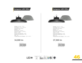Temperatura de Color
6000K
Luz Blanca
Industria Bodega
Dimmer
34,000 lm 37,500 lm
200W 500W
Ahorro hasta un 75%
METALARC
LED
250W 750W
Ahorro hasta un 75%
METALARC
LED
Voltaje: AC120 - 277V
Corriente: 722 a 1,667mA
Consumo:200 Watts
Ángulo: 120º
Eficiencia: 170lm/w
Horas de vida: 50,000hrs
Color: 6,500k
Factor de Potencia: >0.95
Grado de protección: IP65
CRI: ≥90
Temperatura de trabajo: -20ºc a 45ºc
Voltaje: AC120 - 277V
Corriente: 903 a 2,083mA
Consumo:250 Watts
Ángulo: 120º
Eficiencia: 170lm/w
Horas de vida: 50,000hrs
Color: 6,500k
Factor de Potencia: >0.95
Grado de protección: IP65
CRI: ≥90
Temperatura de trabajo: -20ºc a 45ºc
Campana LED 200w Campana LED 250w
46
 