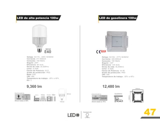 Temperatura de Color
6000K
Luz Blanca
Industria Bodega Parqueo Calles y
carreteras
9,360 lm
100W 200W
Ahorro hasta un 65%
LED
Gasolinera
12,480 lm
100W 500W
Ahorro hasta un 75 %
LED METALARC
Voltaje: AC110 - 240V 50/60HZ
Corriente: 417-909mA
Consumo: 100 Watts
Ángulo: 220º
Eficiencia: 90 lm/w
Horas de vida: 25,000hrs
Color: 6,500k
Factor de Potencia: ≥0.9
Grado de protección: IP20
Base: E40
CRI: ≥80
Temperatura de trabajo: -20ºc a 40ºc
KV: 3
Voltaje: AC100 - 277V 50/60HZ
Corriente: 325-900mA
Consumo: 100 Watts
Ángulo: 120º
Eficiencia: 120 lm/w
Horas de vida: 50,000hrs
Color: 6,500k
Factor de Potencia: ≥0.95
Grado de protección: IP65
CRI: ≥90
Temperatura de trabajo: -20ºc a 45ºc
LED de alta potencia 100w LED de gasolinera 100w
47
285 mm
145 mm
2,800mm
2,800mm
AHORRADORA
 