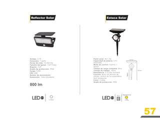 Panel solar: 6v/1.5w
Capacidad de batería: 3.7v
2000mAH
Modo de control: Control +
switch
Tiempo de carga completa: 6hrs
Tiempo de trabajo: 10hrs
Resistencia: 2-3 días lluviosos
Función: Brillo de período de
tiempo, control de luz automático
fácil instalación
Color: 3,000k
Grado de protección: IP65
Luz Blanca
Reflector Solar Estaca Solar
Temperatura de Color
Luz Cálida
3,000k
57
278 mm
150 mm
800 lm
Voltaje: 3.7V
Consumo: 7 watts
Horas de vida: 15,000 hts
Tamaño del panel: 120*77mm
Ángulo: 110º
Grado de protección: IP54
Carga: 6-8H
CRI: ≥80
Sensor de movimiento
Dimensión: 144x104x46mm
150mm
 