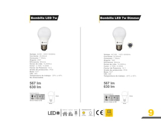 9
Dimmer
Voltaje: AC108 - 132V 50/60Hz
Corriente: 53-65mA
Consumo: 7 Watts
Ángulo: 180º
Eficiencia: 90lm/w
Horas de vida: 15,000hrs
Color: 2,700k / 6,500k
Factor de Potencia: >0.7
Grado de protección: IP20
Base: E27
CRI: ≥80
Temperatura de trabajo: -20ºc a 40ºc
Bombilla LED 7w Dimmer
100 mm
103mm
58 mm
58 mm
630 lm
567 lm
630 lm
567 lm
Voltaje: AC85 - 240V 50/60Hz
Corriente: 29-64mA
Consumo: 7 Watts
Ángulo: 200º
Eficiencia: 90lm/w
Horas de vida: 15,000hrs
Color: 2,700k / 6,000k
Factor de Potencia: >0.5
Grado de protección: IP20
Base: E27
CRI: ≥80
Temperatura de trabajo: -20ºc a 40ºc
No dimerizable
7
Bombilla LED 7w
6000 K
Luz Blanca
2700 K
Temperatura de Color
Residencial Comercial
Este producto ES
apto para utilizarlo en
espacios totalmente
cerrados
Luz Cálida
%
7W 15W
Ahorro hasta un 88
60 W
AHORRADORA CONVENCIONAL
LED
7W 15W
Ahorro hasta un 88
%
60 W
AHORRADORA CONVENCIONAL
LED
 