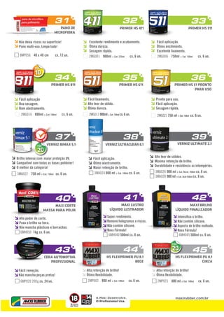 31 32 33 
Fácil aplicação. 
Ótimo enchimento. 
Excelente lixamento. 
NOVO 
Não deixa riscos na superfície! 
Pano multi-uso. Limpa tudo! 
8MP056 40 x 40 cm cx. 12 un. 
34 35 36 
PRIMER HS 611 PRIMER HS 51 PRONTO 
PARA USO 
37 38 39 
42 
TOP20 
TOPTOPNOVO 
NOVO 
NOVO 
TOP10 
TOPTOPTOPTOPTOPTOPExcelente rendimento e acabamento. 
Ótima dureza. 
Secagem rápida. 
2MG001 900ml + Cat. 225ml cx. 6 un. 2MG006 750ml + Cat. 150ml cx. 6 un. 
PANO DE 
MICROFIBRA 
PRIMER HS 411 PRIMER HS 511 
Fácil aplicação 
Boa secagem. 
Bom alastramento. 
PRIMER HS 811 
Fácil lixamento. 
Alto teor de sólido. 
Ótima dureza. 
Pronto para uso. 
Fácil aplicação. 
Secagem rápida. 
2MG021 750 ml + Cat. 150ml cx. 6 un. 
2MG016 800ml + Cat. 100ml cx. 6 un. 2MG011 900ml + Cat. 150ml cx. 6 un. 
VERNIZ BIMAX 5.1 VERNIZ ULTRACLEAR 8.1 
Fácil aplicação. 
Ótimo alastramento. 
Maior retenção de brilho. 
Brilho intenso com maior proteção UV. 
Compatível com todas as bases poliéster! 
O melhor da categoria! 
3MA022 750 ml + Cat. 150ml cx. 6 un. 
VERNIZ ULTIMATE 2.1 
3MA024 800 ml + Cat. 100ml cx. 6 un. 
NOVO 
NOVO 
NOVO 
40 
MAXI CORTE 
MASSA PARA POLIR 
Alto poder de corte. 
Puxa o brilho na hora. 
Não mancha plásticos e borrachas. 
43 
CERA AUTOMOTIVA 
PROFISSIONAL 
Fácil remoção. 
Não mancha peças pretas! 
MAXI BRILHO 
LÍQUIDO FINALIZADOR 
Intensifi ca o brilho. 
Não contém silicone. 
Aspecto de brilho molhado. 
Nova Fórmula! 
41 
MAXI LUSTRO 
LÍQUIDO LUSTRADOR 
Super rendimento. 
Remove hologramas e riscos. 
Não contém silicone. 
Nova Fórmula! 
Alto teor de sólidos. 
Máxima retenção de brilho. 
Durabilidade e resistência as intempéries. 
3MA026 900 ml + Cat. Norm. 450ml cx. 6 un. 
3MA028 900 ml + Cat. Acel 450ml cx. 6 un. 
20 
TOPTOPTOP44 45 
HS FLEXPRIMER PU 8.1 
BEGE 
HS FLEXPRIMER PU 8.1 
CINZA 
Alta retenção de brilho! 
Alta retenção de brilho! 
Ótima fl exibilidade. 
Ótima fl exibilidade. 
2MP002 800 ml + Cat. 100ml cx. 6 un. 
6MH050 1kg cx. 6 un. 
6MP020 200g cx. 24 un. 
500ml cx. 6 un. 6MH045 500ml cx. 6 un. 
2MP021 800 ml + Cat. 100ml cx. 6 un. 
NOVO 
6MH040 
A Maxi Desenvolve. 
O Profissional Usa. 
18 Anos 
de Maxi 
maxirubber.com.br 
 