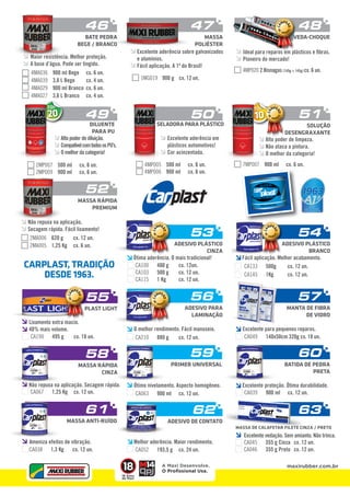 46 47 48 
Maior resistência. Melhor proteção. 
A base d’água. Pode ser tingido. 
4MA036 900 ml Bege cx. 6 un. 
4MA039 3,6 L Bege cx. 4 un. 
4MA029 900 ml Branco cx. 6 un. 
4MA027 3,6 L Branco cx. 4 un. 
TOP10 
TOPTOP49 50 51 Alto poder de diluição. 
Compatível com todos os PU’s. 
O melhor da categoria! 
52 
CAMPEÃO 
DE VENDAS 
TOP20 
TOPTOPCAMPEÃO 
DE VENDAS 
MASSA RÁPIDA 
PREMIUM 
Excelente aderência sobre galvanizados 
e alumínios. 
Fácil aplicação. A 1ª do Brasil! 
2MA006 620 g cx. 12 un. 
2MA005 1,25 Kg cx. 6 un. 
MASSA 
POLIÉSTER 
BATE PEDRA 
BEGE / BRANCO 
Não repuxa na aplicação. 
Secagem rápida. Fácil lixamento! 
VEDA-CHOQUE 
Ideal para reparos em plásticos e fi bras. 
Pioneiro do mercado! 
4MP020 2 Bisnagas (145g + 145g) cx. 6 un. 
SOLUÇÃO 
DESENGRAXANTE 
Alto poder de limpeza. 
Não ataca a pintura. 
O melhor da categoria! 
7MP007 900 ml cx. 6 un. 
2MP007 500 ml cx. 6 un. 
2MP009 900 ml cx. 6 un. 
SELADORA PARA PLÁSTICO 
Excelente aderência em 
plásticos automotivos! 
Cor acinzentada. 
4MP005 500 ml cx. 6 un. 
4MP006 900 ml cx. 6 un. 
DILUENTE 
PARA PU 
1MG019 900 g cx. 12 un. 
CAMPEÃO 
DE VENDAS 
CARPLAST, TRADIÇÃO 
DESDE 1963. 
55 
56 
CA190 495 g cx. 18 un. 
58 
CAMPEÃO 
DE VENDAS 
53 54 
57 
PLAST LIGHT 
59 60 
CAMPEÃO 
DE VENDAS 
Ótimo nivelamento. Aspecto homogêneo. Excelente proteção. Ótima durabilidade. 
CA063 900 ml cx. 12 un. CA039 900 ml cx. 12 un. 
61 62 63 
CAMPEÃO 
DE VENDAS 
1963 
DO 
BRASIL. 
Lixamento extra macio. 
40% mais volume. 
Não repuxa na aplicação. Secagem rápida. 
CA067 1,25 Kg cx. 12 un. 
Ameniza efeitos de vibração. 
CA038 1,3 Kg cx. 12 un. 
Fácil aplicação. Melhor acabamento. 
CA133 500g cx. 12 un. 
CA145 1Kg cx. 12 un. 
Ótima aderência. O mais tradicional! 
CA100 400 g cx. 12un. 
CA103 500 g cx. 12 un. 
CA115 1 Kg cx. 12 un. 
O melhor rendimento. Fácil manuseio. Excelente para pequenos reparos. 
CA210 880 g cx. 12 un. CA049 140x50cm 320g cx. 18 un. 
MASSA RÁPIDA 
CINZA 
ADESIVO PARA 
LAMINAÇÃO 
ADESIVO PLÁSTICO 
BRANCO 
MANTA DE FIBRA 
DE VIDRO 
PRIMER UNIVERSAL BATIDA DE PEDRA 
PRETA 
MASSA ANTI-RUÍDO 
MASSA DE CALAFETAR FILETE CINZA / PRETO 
ADESIVO PLÁSTICO 
CINZA 
ADESIVO DE CONTATO 
CA052 193,5 g cx. 24 un. 
Excelente vedação. Sem amianto. Não trinca. 
CA045 355 g Cinza cx. 12 un. 
CA046 355 g Preto cx. 12 un. 
Melhor aderência. Maior rendimento. 
maxirubber.com.br 
A Maxi Desenvolve. 
O Profissional Usa. 
18 Anos 
de Maxi 
 