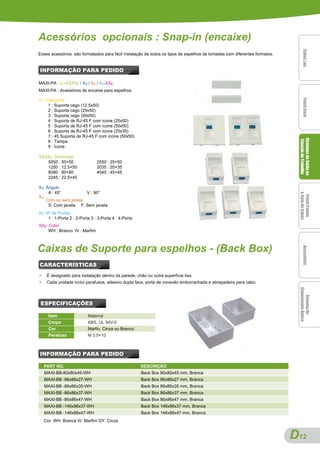Acessórios opcionais : Snap-in (encaixe)




                                                                                                                               Cabos Lan
                                                                                                                               Cabos Lan
                                                                                                                               Cabos Lan
                                                                                                                               Cabos Lan
Esses acessórios são formatados para fácil instalação de todos os tipos de espelhos de tomadas com diferentes formatos.


INFORMAÇÃO PARA PEDIDO

MAXI-PA X1-XXXX2 / X3 / X4 / X5-XX6
MAXI-PA : Acessórios de encaixe para espelhos.

X1: Categoria




                                                                                                                               Patch Cord
                                                                                                                               Patch Cord
                                                                                                                               Patch Cord
                                                                                                                               Patch Cord
     1 : Suporte cego (12.5x50)
     2 : Suporta cego (25x50)
     3 : Suporta cego (50x50)
     4 : Suporta de RJ-45 F com ícone (25x50)
     5 : Suporta de RJ-45 F com ícone (50x50)
     6 : Suporta de RJ-45 F com ícone (20x35)
     7 : 45 Suporta de RJ-45 F com ícone (50x50)




                                                                                                                           Sistemas de Saída na
                                                                                                                           Sistemas de Saída na
                                                                                                                           Sistemas de Saída na
                                                                                                                           Sistemas de Saída na
                                                                                                                           Estação de Trabalho
     8 : Tampa
     9 : Ícone

XXXX2: Dimensão
   5050 : 50×50                 2550 : 25×50
   1250 : 12.5×50               2035 : 20×35
   8080 : 80×80                 4545 : 45×45
   2245 : 22.5×45

X3: Ângulo
     A : 45°          V : 90°




                                                                                                                           & Guia de Cabos
X4:




                                                                                                                            Patch Panels
                                                                                                                            Patch Panels
                                                                                                                            Patch Panels
                                                                                                                            Patch Panels
    Com ou sem janela
     S: Com janela F: Sem janela
X5: Nº de Portaa
     1 : 1-Porta 2 : 2-Porta 3 : 3-Porta 4 : 4-Porta
XX6: Color
     WH : Branco IV : Marfim



Caixas de Suporte para espelhos - (Back Box)



                                                                                                                               Acessórios
                                                                                                                               Acessórios
                                                                                                                               Acessórios
                                                                                                                               Acessórios
CARACTERÍSTICAS
●    É designado para instalação dentro da parede, chão ou outra superfície lisa.
●    Cada unidade inclui parafusos, adesivo dupla face, porta de conexão emborrachada e abraçadeira para cabo.



                                                                                                                           Cabeamento Óptico
 ESPECIFICAÇÕES                                                                                                               Sistema de
                                                                                                                              Sistema de
                                                                                                                              Sistema de
                                                                                                                              Sistema de

      Item                 Material
      Corpo                ABS, UL 94V-0
      Cor                  Marfin, Cinza ou Branco
      Parafuso             M 3.5×10



INFORMAÇÃO PARA PEDIDO

    PART NO.                                           DESCRIÇÃO
    MAXI-BB-80x80x45-WH                                Back Box 80x80x45 mm, Branca
    MAXI-BB -86x86x27-WH                               Back Box 86x86x27 mm, Branca
    MAXI-BB -86x86x35-WH                               Back Box 86x86x35 mm, Branca
    MAXI-BB -86x86x37-WH                               Back Box 86x86x37 mm, Branca
    MAXI-BB -86x86x47-WH                               Back Box 86x86x47 mm, Branca
    MAXI-BB -146x86x37-WH                              Back Box 146x86x37 mm, Branca
    MAXI-BB -146x86x47-WH                              Back Box 146x86x47 mm, Branca
    Cor: WH: Branca IV: Marfim GY: Cinza


                                                                                                                          D
                                                                                                                          A12
 