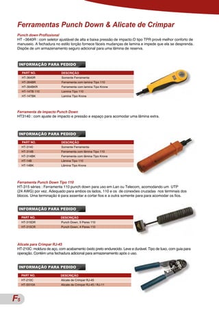 Ferramentas Punch Down & Alicate de Crimpar
 Punch down Profissional
 HT –3640R : com seletor ajustável de alta e baixa pressão de impacto.O tipo TPR provê melhor conforto de
 manuseio. A fechadura no estilo torção fornece fáceis mudanças de lamina e impede que ela se desprenda.
 Dispõe de um armazenamento seguro adicional para uma lâmina de reserva.



 INFORMAÇÃO PARA PEDIDO

     PART NO.               DESCRIÇÃO
     HT-3640R               Somente Ferramenta
     HT-364BR               Ferramenta com lamina Tipo 110
     HT-364BKR              Ferramenta com lamina Tipo Krone
     HT-14TB 110            Lamina Tipo 110
     HT-14TBK               Lamina Tipo Krone




 Ferramenta de impacto Punch Down
 HT3140 : com ajuste de impacto e pressão e espaço para acomodar uma lâmina extra.



 INFORMAÇÃO PARA PEDIDO

     PART NO.               DESCRIÇÃO
     HT-3140                Somente Ferramenta
     HT-314B                Ferramenta com lâmina Tipo 110
     HT-314BK               Ferramenta com lâmina Tipo Krone
     HT-14B                 Lâmina Tipo 110
     HT-14BK                Lâmina Tipo Krone




 Ferramenta Punch Down Tipo 110
 HT-315 séries : Ferramenta 110 punch down para uso em Lan ou Telecom, acomodando um UTP
 (24 AWG) por vez. Adequado para ambos os lados, 110 e os de conexões cruzadas nos terminais dos
 blocos. Uma terminação é para assentar e cortar fios e a outra somente para para acomodar os fios.


 INFORMAÇÃO PARA PEDIDO

     PART NO.              DESCRIÇÃO
     HT-315DR               Punch Down, 5 Pares 110
     HT-315CR               Punch Down, 4 Pares 110




 Alicate para Crimpar RJ-45
 HT-210C: moldura de aço, com acabamento óxido preto endurecido. Leve e durável. Tipo de luxo, com guia para
 operação. Contém uma fechadura adicional para armazenamento após o uso.


 INFORMAÇÃO PARA PEDIDO

     PART NO.              DESCRIÇÃO
     HT-210C                Alicate de Crimpar RJ-45
     HT-S510A               Alicate de Crimpar RJ-45 / RJ-11




A5
F
 