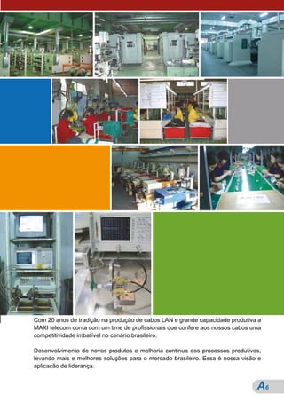Cabos Lan
                                                                                       Cabos Lan
                                                                                       Patch Cord
                                                                                       Patch Cord
                                                                                   Sistemas de Saída na
                                                                                   Sistemas de Saída na
                                                                                   Estação de Trabalho
                                                                                   & Guia de Cabos
                                                                                    Patch Panels
                                                                                    Patch Panels
                                                                                       Acessórios
                                                                                       Acessórios
                                                                                   Cabeamento Óptico
                                                                                      Sistema de
                                                                                      Sistema de




Com 20 anos de tradição na produção de cabos LAN e grande capacidade produtiva a
MAXI telecom conta com um time de profissionais que confere aos nossos cabos uma
competitividade imbatível no cenário brasileiro.

Desenvolvimento de novos produtos e melhoria continua dos processos produtivos,
levando mais e melhores soluções para o mercado brasileiro. Essa é nossa visão e
aplicação de liderança.


                                                                              A6
 