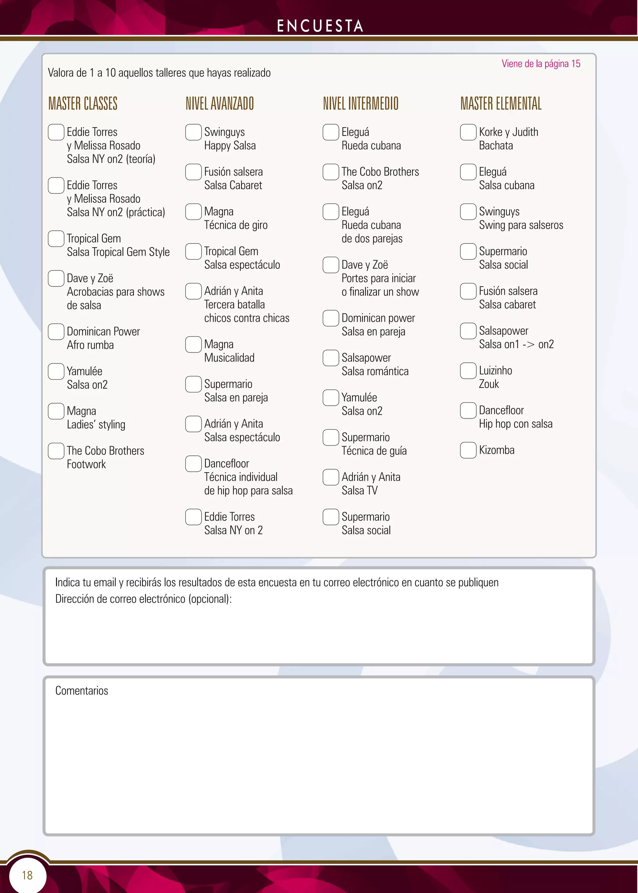 18
e n c u e s ta
Valora de 1 a 10 aquellos talleres que hayas realizado
MASTERCLASSES
Eddie Torres
y Melissa Rosado
Salsa NY on2 (teoría)
Eddie Torres
y Melissa Rosado
Salsa NY on2 (práctica)
Tropical Gem
Salsa Tropical Gem Style
Dave y Zoë
Acrobacias para shows
de salsa
Dominican Power
Afro rumba
Yamulée
Salsa on2
Magna
Ladies’ styling
The Cobo Brothers
Footwork
NIVELAVANZADO
Swinguys
Happy Salsa
Fusión salsera
Salsa Cabaret
Magna
Técnica de giro
Tropical Gem
Salsa espectáculo
Adrián y Anita
Tercera batalla
chicos contra chicas
Magna
Musicalidad
Supermario
Salsa en pareja
Adrián y Anita
Salsa espectáculo
Dancefloor
Técnica individual
de hip hop para salsa
Eddie Torres
Salsa NY on 2
NIVELINTERMEDIO
Eleguá
Rueda cubana
The Cobo Brothers
Salsa on2
Eleguá
Rueda cubana
de dos parejas
Dave y Zoë
Portes para iniciar
o finalizar un show
Dominican power
Salsa en pareja
Salsapower
Salsa romántica
Yamulée
Salsa on2
Supermario
Técnica de guía
Adrián y Anita
Salsa TV
Supermario
Salsa social
MASTERELEMENTAL
Korke y Judith
Bachata
Eleguá
Salsa cubana
Swinguys
Swing para salseros
Supermario
Salsa social
Fusión salsera
Salsa cabaret
Salsapower
Salsa on1 - on2
Luizinho
Zouk
Dancefloor
Hip hop con salsa
Kizomba
Viene de la página 15
Indica tu email y recibirás los resultados de esta encuesta en tu correo electrónico en cuanto se publiquen
Dirección de correo electrónico (opcional):
Comentarios
 