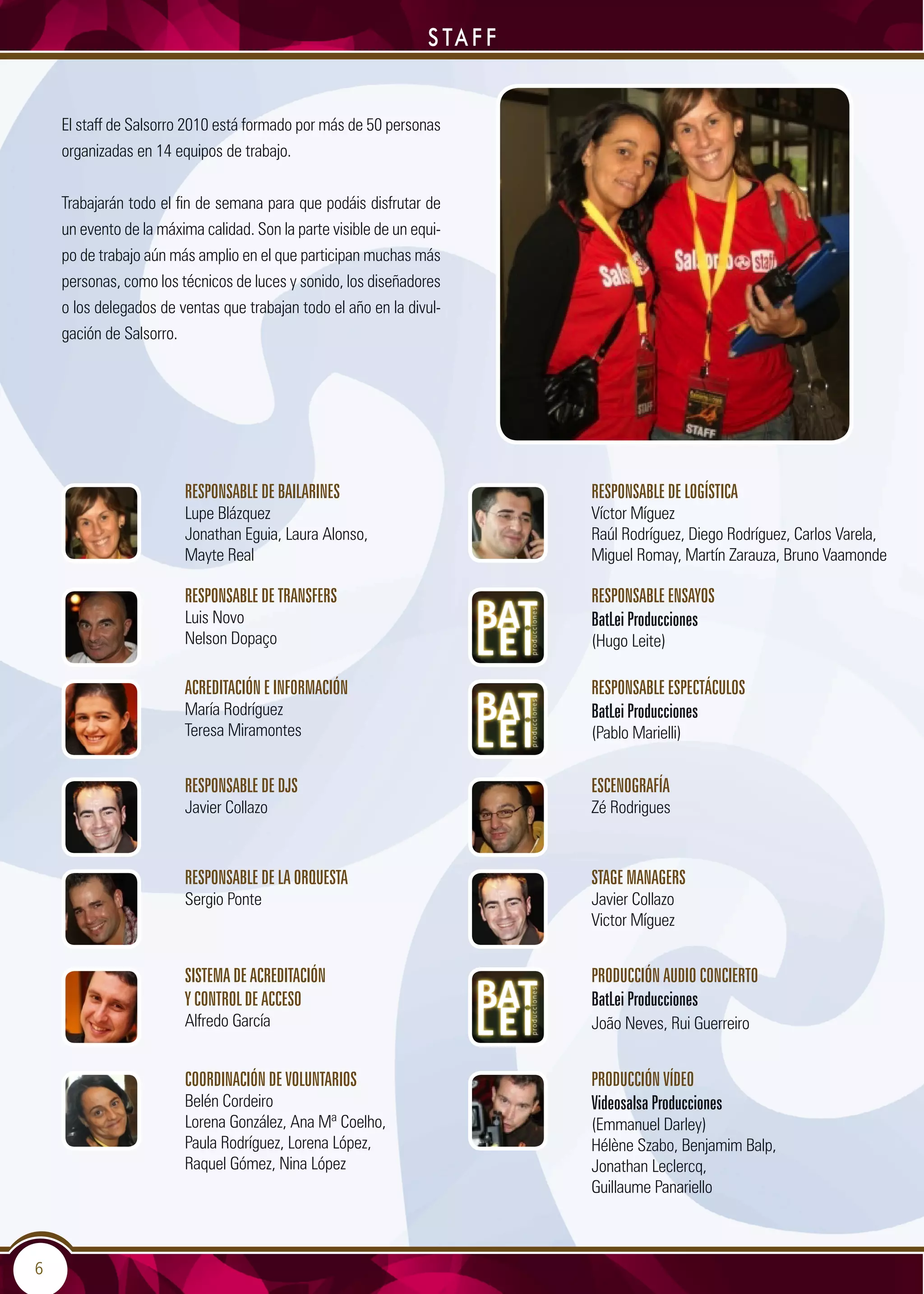 6
El staff de Salsorro 2010 está formado por más de 50 personas
organizadas en 14 equipos de trabajo.
Trabajarán todo el fin de semana para que podáis disfrutar de
un evento de la máxima calidad. Son la parte visible de un equi-
po de trabajo aún más amplio en el que participan muchas más
personas, como los técnicos de luces y sonido, los diseñadores
o los delegados de ventas que trabajan todo el año en la divul-
gación de Salsorro.
STA F F
Responsable de bailarines
Lupe Blázquez
Jonathan Eguia, Laura Alonso,
Mayte Real
Responsable de logística
Víctor Míguez
Raúl Rodríguez, Diego Rodríguez, Carlos Varela,
Miguel Romay, Martín Zarauza, Bruno Vaamonde
Responsable de transfers
Luis Novo
Nelson Dopaço
Responsable ensayos
BatLei Producciones
(Hugo Leite)
Acreditación e información
María Rodríguez
Teresa Miramontes
Responsable espectáculos
BatLei Producciones
(Pablo Marielli)
Responsable de DJs
Javier Collazo
Escenografía
Zé Rodrigues
responsable de la orquesta
Sergio Ponte
Stage managers
Javier Collazo
Victor Míguez
Sistema de acreditación
y control de acceso
Alfredo García
Producción audio concierto
BatLei Producciones
João Neves, Rui Guerreiro
Coordinación de voluntarios
Belén Cordeiro
Lorena González, Ana Mª Coelho,
Paula Rodríguez, Lorena López,
Raquel Gómez, Nina López
Producción vídeo
Videosalsa Producciones
(Emmanuel Darley)
Hélène Szabo, Benjamim Balp,
Jonathan Leclercq,
Guillaume Panariello
 