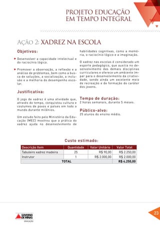 PROJETO EDUCAÇÃO
                                EM TEMPO INTEGRAL


Ação 2: XADREZ NA ESCOLA
Objetivos:                                 habilidades cognitivas, como a memó-
                                           ria, o raciocínio lógico e a imaginação.
Desenvolver a capacidade intelectual e
do raciocínio lógico.                      O xadrez nas escolas é considerado um
                                           esporte pedagógico, que auxilia no de-
Promover a observação, a reflexão e a      senvolvimento das demais disciplinas
análise de problemas, bem como a bus-      curriculares e oferece um ambiente ím-
ca de soluções, a socialização, a inclu-   par para o desenvolvimento da criativi-
são e a melhoria do desempenho esco-       dade, sendo ainda um excelente meio
lar.                                       de recreação e de formação do caráter
                                           dos jovens.
Justificativa:
O jogo de xadrez é uma atividade que,      Tempo de duração:
através do tempo, conquistou cultura e     2 horas semanais, durante 5 meses.
costumes de povos e países em todo o
mundo durante milênios.                    Público-alvo:
                                           25 alunos do ensino médio.
Um estudo feito pelo Ministério da Edu-
cação (MEC) mostrou que a prática do
xadrez ajuda no desenvolvimento de




                                Custo estimado:
   Descrição Item                Quantidade      Valor Unitário    Valor Total
   Tabuleiro xadrez madeira         25                 R$ 90,00     R$ 2.250,00
   Instrutor                         1              R$ 2.000,00     R$ 2.000,00
                              TOTAL                                 R$ 4.250,00




                                                                                      23
 