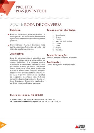 PROJETO
            PEAS JUVENTUDE


     Ação 1: RODA DE CONVERSA
     Objetivos:                                        Temas a serem abordados:
     Propiciar, sob a condução de um professor, a      	      1.   Sexualidade
     abordagem e a discussão continuada de temas       	      2.   Drogas
     significativos na experiência contemporânea da    	      3.   Família
     juventude.                                        	      4.   Mercado de Trabalho
                                                       	      5.   Escola
     Criar instâncias e fóruns de debates de modo      	      6.   Festa
     que favoreça novas formas de expressão e de       	      7.   Valores
     interação social entre os jovens.                 	      8.   Conflitos

     Justificativa:
                                                       Tempo de duração:
     Uma das consequências da velocidade das           2 meses, sendo 8 encontros de 2 horas.
     mudanças sociais, característica nuclear de
     nossas sociedades, é a reiterada quebra/          Público-alvo:
     transformação de valores e padrões de com-        Grupos de 15 jovens do ensino médio.
     portamento. O fosso geracional comumente
     aberto entre pais e filhos, entre professores
     e alunos e, mesmo, entre tradição e moderni-
     dade evidencia a necessidade de uma instân-
     cia capaz de permitir a explicitação e o cotejo
     de perspectivas e pontos de vista. Os temas
     constantes do projeto propiciam o debate em
     torno de assuntos diretamente ligados à ex-
     periência contemporânea da juventude.




     Custo estimado: R$ 528,00
     1 especialista: R$ 50,00 x 8 encontros = R$ 400,00
     16 cadernos de textos de apoio: 16 x R$ 8,00 = R$ 128,00




30
 