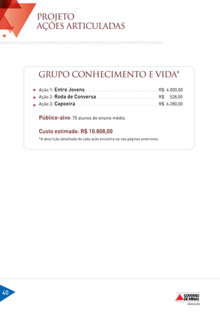 PROJETO
     AÇÕES ARTICULADAS




     GRUPO CONHECIMENTO E VIDA*
     Ação 1: Entre Jovens ............................................................	R$ 4.000,00
     Ação 2: Roda de Conversa ................................................	 R$           528,00
     Ação 3: Capoeira.....................................................................	R$ 6.280,00


     Público-alvo: 75 alunos do ensino médio.

     Custo estimado: R$ 10.808,00
     *A descrição detalhada de cada ação encontra-se nas páginas anteriores.




40
 