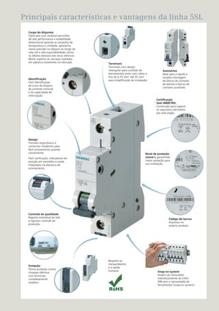 9
Disjuntores 5SX, 5SL, 5SY e 5SP
Principais características e vantagens da linha 5SL
Corpo do disjuntor
Fabricado com material termofixo
de alta performance e estabilidade
dimensional perante as variações de
temperatura e umidade, apresenta
maior precisão no disparo ao longo da
vida útil e alta suportabilidade contra
os efeitos danosos dos arcos elétricos.
Muito superior às carcaças injetadas
em plásticos existentes no mercado.
Identificação
Fácil identificação
da curva de disparo,
da corrente nominal
e da capacidade de
interrupção.
Controle de qualidade
Registro individual do lote
e rigoroso controle de
produção.
Proteção
Ótima proteção contra
choques elétricos
com terminais
completamente
isolados.
Snap-on system
Podem ser removidos
individualmente do trilho
DIN sem a necessidade de
ferramentas (snap-on system).
Nível de proteção
classe I, garantindo
maior proteção para
sua instalação.
Terminais
Terminais com design
retangular para conexão de
barramentos junto com cabos e
fios de 0,75 mm2
até 35 mm2
para simplificação da instalação.
Acessórios
Ideal para a rápida e
simples montagem
de blocos de contatos
de alarme e blocos de
contatos auxiliares.
Design
Formato ergonômico e
contornos modernos para
fácil acionamento quando
conveniente.
Fácil verificação, indicadores de
posição em vermelho e verde
integrados na alavanca de
acionamento.
Respeito ao
meioambiente
e à saúde
humana.
Certificação
Selo INMETRO.
Construído para superar
os requisitos solicitados
por este órgão.
Código de barras
Impresso no
próprio produto.
 