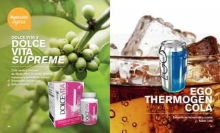 Café verde y mezclas
de fibras (fibra de arroz, fibra de
manzana y salvado de avena)
Endulzado con estevia
Sabor toronja
EGO
THERMOGEN
COLA
Extracto de tamarindo y cromo
Sabor cola
DOLCE
VITA
SUPREME
DOLCE VITA Y
19 || 18
 