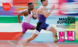 MAGNUS Y
MAGNUS
SUPREME
Vitaminas del complejo B, glicina y taurina
Magnus Supreme endulzado con estevia
Sabor frutas o manzana
29 || 28
 