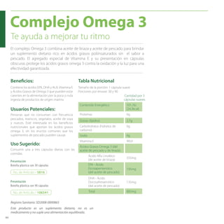 44
Beneficios:
Consumir una a tres cápsulas diarias con las
comidas.
Uso Sugerido:
Usuarios Potenciales:
Personas que no consuman con frecuencia
pescados, mariscos, vegetales, aceite de soya
y nueces. Esté interesada en los beneficios
nutricionales que aportan los ácidos grasos
omega 3, sin los eructos comunes que los
suplementos de pescado pueden causar.
Contiene los ácidos EPA, DHA y ALA,Vitamina E
y Ácidos Grasos de Omega 3 que pueden estar
carentes en la alimentación por la poca o nula
ingesta de productos de origen marino.
Complejo Omega 3
El complejo Omega 3 combina aceite de linaza y aceite de pescado para brindar
un suplemento dietario rico en ácidos grasos poliinsaturados sin el sabor a
pescado. El agregado especial de Vitamina E y su presentación en cápsulas
obscuras protege los ácidos grasos omega 3 contra la oxidación y la luz para una
efectividad garantizada.
Te ayuda a mejorar tu ritmo
Tabla Nutricional
Contenido Energético 101,7kJ
(24,3kcal)
Proteínas 0g
Grasas (lípidos) 2,7g
Carbohidratos (hidratos de
carbono)
0g
Sodio 0g
Vitamina E 90UI
Ácidos Grasos Omega 3 (del
aceite de pescado y de linaza):
555mg
195mg
135mg
Total 885mg
Tamaño de la porción: 1 cápsula suave
Porciones por envase: 30 y 90
Cantidad por 3
cápsulas suaves
Ácido Alfa Linoléico
(de aceite de linaza)
EPA - Ácido
Eicosapentenóico
(del aceite de pescado)
DHA - Ácido
Docosahexaenóico
(del aceite de pescado)
Registro Sanitario: SD2008-0000865
Este producto es un suplemento dietario, no es un
medicamento y no suple una alimentación equilibrada.
No. de Artículo / 5816
Presentación
Botella plástica con 30 cápsulas
No. de Artículo / 106541
Presentación
Botella plástica con 90 cápsulas
 