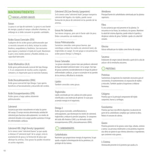 62
Almidones
Principal fuente de carbohidratos sintetizada por las plantas
superiores.
................................
Fibra
Es una sustancia que está presente en las plantas. Se
encuentra en las frutas, las verduras y los granos. Mantiene
la salud del sistema digestivo, puede reducir el apetito y
desplazar calorías de grasa.También ayuda a la salud del
corazón.
................................
Glucosa
Azúcar utilizado por los tejidos como forma de energía.
................................
Sacarosa
Endulzante de origen natural obtenido a partir de la caña de
azúcar o de la remolacha azucarera.
PROTEÍNAS
Proteínas
Suministran al organismo los materiales necesarios para el
crecimiento, el mantenimiento y la reparación de tejidos
y músculos.También ayudan al organismo a elaborar
hormonas.
................................
Colágeno
Proteína que es la principal componente del tejido
conjuntivo, huesos y cartílagos.
................................
Faseolamina
Proteínaquehacemásdifícilladigestiónylaabsorciónde
partedeloscarbohidratoscomplejosquecontieneladieta.
Reduceelconsumodecalorías.
................................
Gluten
Proteína presente en los granos como trigo, cebada, centeno
y avena. Las personas intolerantes a esta proteína requieren
una dieta sin gluten lo que elimina alimentos e ingredientes
que contienen estos granos.
................................
L-Cisteína
Aminoacido presente en la proteína que ayuda a la
GRASAS y ÁCIDOS GRASOS
Grasas
La grasa es un tipo de nutriente. La grasa es una fuente
de energía y ayuda al cuerpo a absorber vitaminas, sin
embargo no se debe consumir en grandes cantidades.
................................
Ácidos Grasos Esenciales (EFA)
Cualquiera de los ácidos grasos poliinsaturados que
se necesita consumir en la dieta, incluye los ácidos
linoleico, araquidónico y linolénico. Son necesarios
para reparar y mantener el tejido de la piel. Mantienen
la piel y otros tejidos jóvenes y flexibles debido a su
capacidad lubricante.
................................
Ácido Alfalinoléico (ALA)
Ácido graso poliinsaturado esencial del tipo Omega
3. Es un componente de muchos aceites vegetales
comunes y es importante para la nutrición humana.
................................
Ácido Docosahexaenóico (DHA)
Ácido graso esencial del tipo Omega-3 que aporta
beneficios al funcionamiento y desarrollo del cerebro.
................................
Ácido Eicosapentaenóico (EPA)
Ácidos grasos a larga cadena altamente
poliinsaturados.
................................
Colesterol
Sustancia que existe naturalmente en todas las partes
del cuerpo. El cuerpo necesita determinada cantidad de
colesterol para funcionar adecuadamente. Los niveles de
colesterol elevados en la sangre pueden aumentar el riesgo
de enfermedades cardíacas.
................................
Colesterol HDL (High Density Lipoprotein)
Se le conoce como“colesterol bueno”ya que ayuda
a eliminar el“colesterol malo”de la sangre, evita la
acumulación de grasa y la formación de placa que
obstruye las arterias. Estas grasas las puedes encontrar
en aceites vegetales.
Colesterol LDL(Low Density Lipoprotein)
Se le conoce como“colesterol malo”porque transporta
colesterol del hígado a los tejidos, puede causar
formación de placas de colesterol en las paredes de las
arterias.
................................
Grasas No Saturadas
Son menos riesgosas, pero aún te harán subir de peso.
Debes consumirlas con moderación.
................................
Grasas Poliinsaturadas
Sustancias conocidas como grasas buenas, que
contribuye a reducir los niveles de colesterol total y de
triglicéridos en sangre. En este grupo se encuentran los
ácidos grasos Omega 3 y Omega 6.
................................
Grasas Saturadas
Las grasas saturadas y grasas trans que producen colesterol
de baja densidad (colesterol malo) en tu sangre. Este tipo
de grasas aumenta considerablemente el riesgo de padecer
enfermedades cardiacas, ya que se acumulan en las paredes
de las arterias y difcultan la circulación.
................................
Lípidos
También conocidos como grasas.
................................
Triglicéridos
Lípido constituido por tres cadenas de ácidos grasos
esterifcadas a una molécula de glicerol. Se usan para
acumular energía en el organismo.
................................
Omega 3
Ácidos grasos esenciales, antiinflamatorios y
anticoagulantes, que disminuyen los niveles de colesterol,
triglicéridos y reducen la presión sanguínea. Se componen
del ácido alfa-linoleico (LNA) y sus derivados ácidos
eicosapentaenoico (EPA) y docosahexaenoico (DHA).
CARBOHIDRATOS
Carbohidratos
Nutrientes que proporcionan energía al organismo, lo que
ayuda a regular la desintegración de las proteínas y lo
protegen de las toxinas.
MACRONUTRIENTES
 