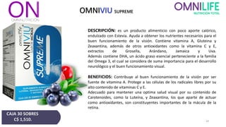 24
OMNIVIU SUPREME
CAJA 30 SOBRES
C$ 1,510.
DESCRIPCIÓN: es un producto alimenticio con poco aporte calórico,
endulzado con Estevia. Ayuda a obtener los nutrientes necesarios para el
buen funcionamiento de la visión. Contiene vitamina A, Gluteina y
Zeaxantina, además de otros antioxidantes como la vitamina C y E,
extractos de Grosella, Arándano, Jamaica y Uva.
Además contiene DHA, un ácido graso esencial perteneciente a la familia
del Omega 3, el cual se considera de suma importancia para el desarrollo
neurológico y el buen funcionamiento visual.
BENEFICIOS: Contribuye al buen funcionamiento de la visión por ser
fuente de vitamina A. Protege a las células de los radicales libres por su
alto contenido de vitaminas C y E.
Adecuado para mantener una optima salud visual por su contenido de
Carotenoides, como la Luteína, y Zeaxantina, los que aparte de actuar
como antioxidantes, son constituyentes importantes de la mácula de la
retina.
 