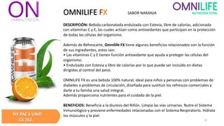 OMNILIFE FX
DESCRIPCIÓN: Bebida carbonatada endulzada con Estevia, libre de calorías, adicionada
con vitaminas C y E, las cuales actúan como antioxidantes que participan en la protección
de todas las células del organismo.
Además de Refrescarte, Omnilife FX tiene algunos beneficios relacionados con la función
de sus ingredientes, estos son:
• Las vitaminas C y E tienen función antioxidante que ayuda a proteger las células del
organismo.
• Endulzado con Estevia y libre de calorías por lo que puede ser incluido en dietas
dirigidas al control del peso.
OMNILIFE FX es una bebida 100% natural, ideal para niños y personas con problemas de
diabetes o problemas de circulación, diseñada para sustituir los refrescos comerciales y
darle a tu familia una salud integral.
Además proporciona nutrientes para el cuidado de la piel.
BENEFICIOS: Beneficia a la diuresis del Riñón. Limpia las vías urinarias. Nutre el Sistema
Inmunológico y previene enfermedades relacionadas con el Sistema Respiratorio. Hidrata
los músculos y la piel.
SABOR NARANJA
SIX PAC 6 UNID
C$ 262. 33
 
