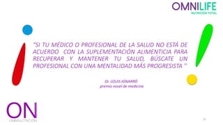 “SI TU MÉDICO O PROFESIONAL DE LA SALUD NO ESTÁ DE
ACUERDO CON LA SUPLEMENTACIÓN ALIMENTICIA PARA
RECUPERAR Y MANTENER TU SALUD, BÚSCATE UN
PROFESIONAL CON UNA MENTALIDAD MÁS PROGRESISTA ’’
35
Dr. LOUIS IGNARRÓ
premio novel de medicina
 
