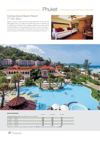 Phuket 
Centara Grand Beach Resort 
(1a Cat. Sup.) 
Magnifico resort di recente costruzione, posto direttamente sul mare alla fine 
della spiaggia di Karon, in una delle zone più belle della costa sud-occidentale a 44 
km dall’aeroporto di Phuket. Gode di rigogliosa vegetazione con piante tropicali 
e atmosfera idilliaca per vacanze rilassanti. 262 camere con balcone o terrazza, un 
ristorante italiano ed uno a buffet internazionale ed asiatico, bar, piscine, miniclub 
e centro benessere con SPA, tennis e centro per sport acquatici e immersioni. 
QUOTE INDIVIDUALI 
in doppia supp. singola terzo letto 
CAMERA DELUXE OCEAN FACING - pernottamento e prima colazione 
DAL 1-NOV AL 22-DIC 145 145 30 
DAL 23-DIC AL 8-GEN 245 245 50 
DAL 9-GEN AL 31-GEN 160 160 50 
DAL 1-FEB AL 28-FEB 140 140 30 
DAL 1-MAR AL 31-MAR 95 95 30 
DAL 1-APR AL 30-GIU 125 125 40 
Trasferimento collettivo da o per l’aeroporto di Phuket (HKT) € 15 per persona. Minivan privato (max 6 pax) € 50. 
38 Thailandia 
 
