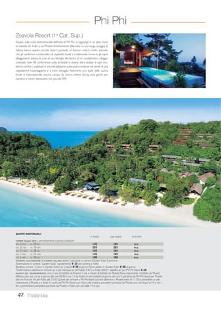Phi Phi 
Zeavola Resort (1a Cat. Sup.) 
Situato sulla costa settentrionale dell’isola di Phi Phi, si raggiunge in un paio d’ore 
di battello da Krabi o da Phuket. Direttamente affacciato su una lunga spiaggia di 
sabbia bianca questo piccolo resort possiede un fascino rustico molto speciale, 
che gli conferisce un’atmosfera di ospitalità locale e tradizionale, come se gli ospiti 
alloggiassero presso la casa di una famiglia all’interno di un caratteristico villaggio 
orientale. Solo 48 confortevoli suite, arredate in diversi stili e dotate di ogni mo-derno 
comfort, suddivise in piccole palazzine a due piani immerse nel verde di una 
vegetazione lussureggiante e a tratti selvaggia. Ristorante con piatti della cucina 
locale e internazionale, piscina, campo da tennis, centro diving, area giochi per 
bambini e centro benessere con piccola SPA. 
QUOTE INDIVIDUALI 
CAMERA VILLAGE SUITE - pernottamento e prima colazione 
DAL 1-NOV AL 20-DIC 145 145 N.D. 
DAL 21-DIC AL 10-GEN 255 255 N.D. 
DAL 11-GEN AL 28-FEB 165 165 N.D. 
DAL 1-MAR AL 31-MAR 145 145 N.D. 
DAL 1-APR AL 30-GIU 100 100 N.D. 
MASSIMA OCCUPAZIONE IN CAMERA VILLAGE SUITE: 2 persone; in camera Garden Suite 3 persone. 
Sistemazione in camera “Garden Suite” supplemento € 30 per camera a notte. 
Bambino minore 12 anni in Garden Suite con 2 adulti € 30 al giorno; Terzo adulto in Garden Suite € 50 al giorno. 
Trasferimento collettivo in minivan da o per l’aeroporto di Phuket (HKT) o Krabi (KBV)+ battello a/r per Phi Phi Island € 60. 
DURATA DEL TRASFERIMENTO: circa 2 ore di battello da Krabi e 2 ore e mezza di battello da Phuket. Nota importante: il battello da Phuket 
effettua solo due corse al giorno alle ore 08:30 e ore 13; da Krabi un solo battello al giorno alle ore 9; partenze da Phi Phi Island per Phuket 
alle ore 9 e ore 14; per Krabi alle 15:30. Quindi per arrivare a Phi Phi Island occorre atterrare a Phuket entro le 11:30 o prevedere un per-nottamento 
a Phuket o a Krabi. In uscita da Phi Phi Island con il ferry del mattino prevedere partenza da Phuket con voli dopo le 14 e con i 
ferry pomeridiani prevedere partenze da Phuket o Krabi con voli dalle 19 in poi. 
42 Thailandia 
in doppia supp. singola terzo letto 
 