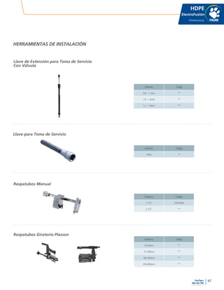 47
www.tigre.cl
TeleTigre
800 365 700 |
HDPE
ElectroFusión
Infraestructura
Diámetro Código
0.8 - 1.1mm **
1.0 - 1.4mm **
1.2 - 1.8mm **
Diámetro Código
18cm **
Diámetro Código
1.1/2” 37623636
2.1/2” **
Diámetro Código
20-63mm **
75-180mm **
180-400mm **
450-800mm **
HERRAMIENTAS DE INSTALACIÓN
Llave de Extensión para Toma de Servicio
Con Válvula
Llave para Toma de Servicio
Raspatubos Manual
Raspatubos Giratorio Plasson
 