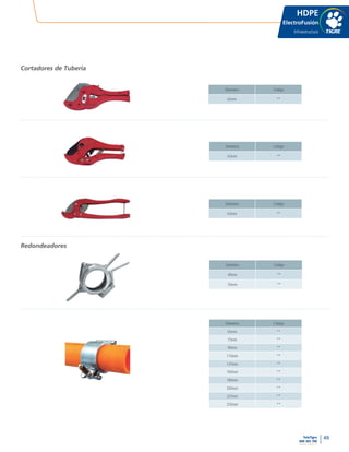 49
www.tigre.cl
TeleTigre
800 365 700 |
HDPE
ElectroFusión
Infraestructura
Diámetro Código
42mm **
Diámetro Código
63mm **
Diámetro Código
63mm **
Diámetro Código
40mm **
50mm **
Diámetro Código
65mm **
75mm **
90mm **
110mm **
125mm **
160mm **
180mm **
200mm **
225mm **
250mm **
Cortadores de Tuberia
Redondeadores
 