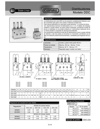 Doble Línea
                                                                                                             Distribuidores
                                                                                                              Modelo DDC
                                                          Descripción
                                                        Los distribuidores de la serie DDC son de operación completamente hidráulica y pue-
                                                        den suministrar tanto grasa como aceite en sistemas de doble línea.
                                                        Cada válvula dosificadora por cada pistón puede alimentar 1 ó 2 puntos de lubrica-
                                                        ción, disponiéndose entonces de distribuidores con 2, 4, 6 u 8 salidas. Sin embargo,
                                                        mediante un simple método, se puede unificar la descarga, convirtiendo la doble sa-
                                                        lida de un dosificador en una simple (mediante un “cross porting”) duplicando de es-
                                                        ta manera también la capacidad de descarga del dosificador.
                                                        Una característica importante de este tipo de distribuidores es que no posee válvulas
                                                        de retención y sólo dos partes se encuentran en movimiento, permitiendo una de
                                                        ellas una indicación positiva del funcionamiento, y facilidades para regulación del cau-
                                                        dal.

                                                          Especificaciones
                                                         Lubricante                  Aceites o grasa hasta grado NLGI 2
                                                         Presión de trabajo          Máxima: 250 bar - Mínima: 15 bar
                                                         Temperatura                 Máxima: 80 ºC - Mínima: 0 ºC
                                                         Descarga                    Regulable según modelo (ver tabla)




         DDC-222            DDC-224                   DDC-226                            DDC-228
         DDC-232            DDC-234                   DDC-236                            DDC-238
         DDC-242            DDC-244                   DDC-246                            DDC-248
         DDC-252            DDC-254                   DDC-256                            DDC-258


 Modelo A B C D E                  F    G    H     I   J    K    L    M    N    O    P     Q    R    S   T               U           V         W
 DCC-220 14,3 14,3 14,3 28,6 42,9 57,2 71,4 53,9 27,8 38,1 26,9 15,9 6,35 30,2 44,5 58,7 19,05 30,2 7,5 38,1       R-NPSF 1/8”   R-NPSF 1/8”   ø6
 DCC-230                                          37
 DCC-240 31,8 31,8 15,6 44 76 108 140 79 44 57 41 30 7 62 94 126 27 42 11,5 53,5                                   R-NPSF 3/8”   R-NPSF 1/4”   ø8
 DCC-250                                          56


                                                                                                    Código de Requerimiento
Regulación de Caudal (cm3) por Salida
                                                                                                     DDC       2
                                       MODELOS (Doble Salida)
    Regulación                                                                                           Modelo              Nº de salidas
                          DDC-220        DDC-230        DDC-240        DDC-250
                                                                                                            20       2          Dos salidas        2
       MINIMO                0,09          0,20           0,50            0,60                                               Cuatro salidas        4
                                                                                                            30       3
      MAXIMO                 0,60          1,20           2,20            5,00                              40       4         Seis salidas        6
                                       MODELOS (Simple Salida)                                              50       5        Ocho salidas         8
       MINIMO                0,18          0,40           1,00            1,20
      MAXIMO                 1,20          2,40           4,40           10,00
                                                                                                   Ejemplo de pedido:                DDC-234

                                                                 DL-02
 