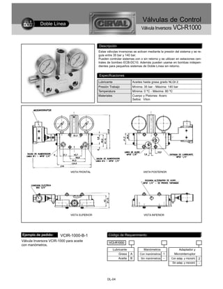 Válvulas de Control
           Doble Línea
                                                                          Válvula Inversora VCI-R1000


                                          Descripción
                                          Estas válvulas inversoras se activan mediante la presión del sistema y se re-
                                          gula entre 35 bar y 140 bar.
                                          Pueden controlar sistemas con o sin retorno y se utilizan en estaciones cen-
                                          trales de bombeo ECB-DC10. Además pueden usarse en bombas indepen-
                                          dientes para pequeños sistemas de Doble Línea sin retorno.


                                          Especificaciones
                                          Lubricante                Aceites hasta grasa grado NLGI 2.
                                          Presión Trabajo           Mínima: 35 bar - Máxima: 140 bar
                                          Temperatura               Mínima: 0 ºC - Máxima: 80 ºC
                                          Materiales                Cuerpo y Pistones: Acero
                                                                    Sellos: Viton




Ejemplo de pedido:      VCIR-1000-B-1            Código de Requerimiento
Válvula Inversora VCIR-1000 para aceite
                                                 VCI-R1000
con manómetros.
                                                       Lubricante           Manómetros               Adaptador y
                                                           Grasa    A    Con manómetros 1         Microinterruptor
                                                           Aceite   B     Sin manómetros   -    Con adap. y microint.    2
                                                                                                 Sin adap. y microint.   -




                                                DL-04
 