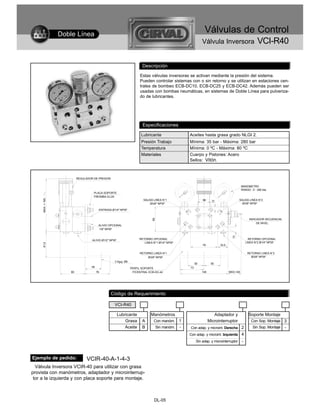Doble Línea
                                                                                                            Válvulas de Control
                                                                                                           Válvula Inversora                         VCI-R40

                                                                       Descripción
                                                                      Estas válvulas inversoras se activan mediante la presión del sistema.
                                                                      Pueden controlar sistemas con o sin retorno y se utilizan en estaciones cen-
                                                                      trales de bombeo ECB-DC10, ECB-DC25 y ECB-DC42. Además pueden ser
                                                                      usadas con bombas neumáticas, en sistemas de Doble Línea para pulveriza-
                                                                      do de lubricantes.




                                                                       Especificaciones

                                                                      Lubricante                 Aceites hasta grasa grado NLGI 2.
                                                                      Presión Trabajo            Mínima: 35 bar - Máxima: 280 bar
                                                                      Temperatura                Mínima: 0 ºC - Máxima: 80 ºC
                                                                      Materiales                 Cuerpo y Pistones: Acero
                                                                                                 Sellos: Vitón.



                          REGULADOR DE PRESION

                                                                                                                                         MANOMETRO
                                                                                                                                         RANGO : 0 - 280 bar.
                                    PLACA SOPORTE
                                    P/BOMBA DJ-25
     MAX. = 165




                                                                        SALIDA LINEA N°1                   38                         SALIDA LINEA N°2



                                                                                                                   12
                                                                            Ø3/8" NPSF                                                  Ø3/8" NPSF

                                         ENTRADA Ø1/4" NPSF


                                                                                                                                               INDICADOR SECUENCIAL
                                                                             80




                                                                                                                                                    DE NIVEL
                                         ALIVIO OPCIONAL
                                         1/8" NPSF
                                                                                                                                 13

                                   ALIVIO Ø1/2" NPSF                 RETORNO OPCIONAL                                                          RETORNO OPCIONAL
                                                                        LINEA N°1 Ø1/4" NPSF                                                 LINEA N°2 Ø1/4" NPSF
     81,5




                                                                                                           79           33,5

                                                                     RETORNO LINEA N°1                                                        RETORNO LINEA N°2
                                                                         Ø3/8" NPSF                                                             Ø3/8" NPSF
                                                   3 Aguj. Ø9
                                                                                                      50          50
                                   55                           PERFIL SOPORTE                   73
                     80                 76                       P/CENTRAL ECB-DC-42                       146                 MAX.=40




                                                 Código de Requerimiento

                                                   VCI-R40

                                                       Lubricante            Manómetros                             Adaptador y                Soporte Montaje
                                                           Grasa       A       Con manóm.    1                   Microinterruptor               Con Sop. Montaje 3
                                                           Aceite      B          Sin manóm. -   Con adap. y microint. Derecha           2       Sin Sop. Montaje     -
                                                                                                 Con adap. y microint. Izquierda         4
                                                                                                       Sin adap. y microinterruptor      -


Ejemplo de pedido:              VCIR-40-A-1-4-3
  Válvula Inversora VCIR-40 para utilizar con grasa
provista con manómetros, adaptador y microinterrup-
 tor a la izquierda y con placa soporte para montaje.



                                                                               DL-05
 