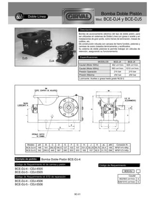 Bomba Doble Pistón
            Doble Línea
                                                                                Mod. BCE-DJ4 y BCE-DJ5


                                                                Descripción
                                                            Bomba de accionamiento eléctrico del tipo de doble pistón, para
                                                            ser utilizadas en sistemas de Doble Línea con grasa o aceite y en
                                                            instalaciones de gran porte, como trenes de laminación, mesas de
                                                            rodillos, etc.
                                                            De construcción robusta con carcaza de hierro fundido, pistones y
                                                            camisas de acero tratados térmicamente y rectificados.
                                                            Su sistema de doble pistones le permite trabajar sin válvulas de
                                                            retención, asegurando su funcionamiento.

                                                                Especificaciones
      DJ5
                                 DJ4                                          MODELOS              BCE-J4          BCE-J5
                                                            Caudal (Motor 50Hz)                  462 cm3/min.     828 cm3/min.
                                                            Caudal (Motor 60Hz)                  563 cm3/min. 1010 cm3/min.
                                                            Presión Operación                      210 bar          210 bar
                                                            Presión Máxima                         250 bar            250 bar
                                                                Lubricante: Aceites o grasa hasta grado NLGI 2




          Modelo     øA       B    C     D    E     F      G        H     J     K    øL      øM      Conexión N
         BCE-DJ-4    168     181 282,5 190,5 127   102    107     101,5 92,25 38,75 25,4     149    NPSF1/4”x18f/p.
         BCE-DJ-5    342    295,5 440 387 280      203    203      165   157 82,5 31,75      298    NPSF1/2”x14f/p.



Ejemplo de pedido:         Bomba Doble Pistón BCE-DJ-4
Código de Requerimiento kit de camisa y pistón                                      Código de Requerimiento
BCE-DJ-4 - CDJ-4505
                                                                                                                 BCE-DJ
BCE-DJ-5 - CDJ-5505
Código de Requerimiento kit STD de reparación                                                                    Caudal
                                                                                                        462/563 cm3/min.        4
BCE-DJ-4 - CDJ-4506                                                                                    828/1010 cm3/min.        5
BCE-DJ-5 - CDJ-5506


                                                         BC-01
 