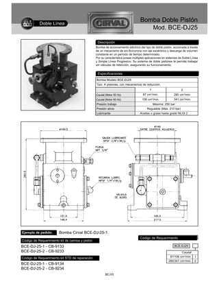 Doble Línea
                                                                                  Bomba Doble Pistón
                                                                                     Mod. BCE-DJ25

                                                  Descripción
                                                 Bomba de accionamiento eléctrico del tipo de doble pistón, accionada a través
                                                 de un mecanismo de sin-fin/corona con eje excéntrico y descarga de volumen
                                                 constante en un período de tiempo determinado.
                                                 Por su característica posee múltiples aplicaciones en sistemas de Doble Línea
                                                 y Simple Línea Progresivo. Su sistema de doble pistones le permite trabajar
                                                 sin válvulas de retención, asegurando su funcionamiento.

                                                  Especificaciones
                                                 Bomba Modelo BCE-DJ25
                                                 Tipo: A pistones, con mecanismos de reducción.
                                                                                         1                        2
                                                 Caudal (Motor 50 Hz)               87 cm3/min.            280 cm3/min.
                                                 Caudal (Motor 60 Hz)              106 cm3/min.            341 cm3/min.
                                                 Presión trabajo                             Máxima: 250 bar
                                                 Presión alivio                        Regulable (Máx. 210 bar)
                                                 Lubricante                       Aceites o grasa hasta grado NLGI 2




Ejemplo de pedido:      Bomba Cirval BCE-DJ-25-1
                                                                                  Código de Requerimiento
Código de Requerimiento kit de camisa y pistón
BCE-DJ-25-1 - CB-9133                                                                                       BCE-DJ25
BCE-DJ-25-2 - CB-9233                                                                                           Caudal
Código de Requerimiento kit STD de reparación                                                           87/106 cm3/min.    1
                                                                                                       280/341 cm3/min.    2
BCE-DJ-25-1 - CB-9134
BCE-DJ-25-2 - CB-9234
                                                        BC-03
 