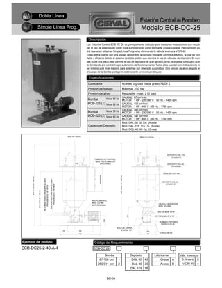 Doble Línea
                                                                                                                                                                                                                                            Estación Central de Bombeo
                                 Simple Línea Prog.                                                                                                                                                                                         Modelo ECB-DC-25
                                                                                                                                                        Descripción
                                                                                                                                                       Las Estación Central ECB-DC 25 es principalmente indicada para medianas instalaciones que requie-
                                                                                                                                                       ran el uso de sistemas de doble línea suministrando como lubricante grasas o aceite. Pero también po-
                                                                                                                                                       drá usarse en sistemas Simple Línea Progresivo eliminando la válvula inversora VCIR-40.
                                                                                                                                                       Esta Central cuenta con una unidad de bombeo accionada mediante un motor eléctrico, la cual es con-
                                                                                                                                                       fiable y eficiente debido al sistema de doble pistón, que elemina el uso de válvulas de retención. El mon-
                                                                                                                                                       taje sobre una placa base permite el uso de depósitos de gran tamaño, tanto para grasa como para acei-
                                                                                                                                                       te, brindando a la central mayor autonomía de funcionamiento. Todos ellos cuentan con indicación de ni-
                                                                                                                                                       vel mínimo y de nivel máximo para sistemas con rellenado automático. Una válvula de alivio alojada en
                                                                                                                                                       el cuerpo de la bomba protege el sistema ante un eventual bloqueo.

                                                                                                                                                        Especificaciones
                                                                                                                                                        Lubricante                                                       Aceites o grasa hasta grado NLGI 2
                                                                                                                                                        Presión de trabajo                                               Máxima: 250 bar
                                                                                                                                                        Presión de alivio                                                Regulable (max: 210 bar)
                                                                                                                                                                    Motor 50 Hz CAUDAL 87 cm /min.
                                                                                                                                                                                            3

                                                                                                                                                        Bomba                   MOTOR 1 HP - 220/380 V. - 50 Hz. - 1420 rpm
                                                                                                                                                        BCE-J25 (1) Motor 60 Hz CAUDAL 106 cm3/min.
                                                                                                                                                                                                                         MOTOR 1 HP - 440 V. - 60 Hz. - 1730 rpm
                                                                                                                                                                    Motor 50 Hz                                          CAUDAL 280 cm3/min.
                                                                                                                                                        Bomba                                                            MOTOR 1 HP - 220/380 V. - 50 Hz. - 1420 rpm
                                                                                                                                                        BCE-J25 (2) Motor 60 Hz                                          CAUDAL 341 cm3/min.
                                                                                                                                                                                                                         MOTOR 1 HP - 440 V. - 60 Hz. - 1730 rpm
                                                                                                                                                                                                                         Mod. DAL-30: 30 Lts. (Aceite)
                                                                                                                                                        Capacidad Depósito                                               Mod. DAL-115: 115 Lts. (Aceite)
                                                                                                                                                                                                                         Mod. DGL-40: 60 Kg. (Grasa)

                                                                                                                                   ØDGL-40 = 550 mm.                                                                                       ØDAL-115 = 470 mm.




                                                                                                                                                                                                                                                                           DEPOSITO DAL-115
                                                                                                                                                                                                                                                                              (P/ACEITE)
                                                                                                                                                              TABLERO DE CONTROL
                                                                                                                                                               MOD. TEC-D-9900-LGF
                                                                                                                                                                   (OPCIONAL)                                                                                              DEPOSITO DGL-40
                                                                                                                                                                                                                                                                              (P/GRASA)


                                                                                                                                                                                                                                                                       ØDAL-30 = 314 mm.
                                                                                                                                                                                                    MAX. C/DAL-115 = 2030 mm.
                                                                                                                                                                   330x440x160
     MAX. C/ DGL-40 = 1550 mm.




                                                            RETORNO P/SISTEMA SIMPLE LINEA


                                                                                             SALIDA P/SISTEMA SIMPLE LINEA




                                                                                                                                                                                                                                                                      DEPOSITO DAL-30
                                                                                                                                                                                                                                                                         (P/ACEITE)
                                                                                                 PROGRESIVO 1/4" NPSF
                                                                PROGRESIVO 1/8" NPSF
                                 MAX. C/DAL-30 = 1220 mm.




                                                                                                                                                           ACOPLAMIENTO
                                                                                                                                                           MOD. CU-968
                                                                                                                                                                                                                                                                  VALVULA INVERSORA
                                                                                                                                                           MOTOR-BOMBA                                                                                            MOD. VCI-R40


                                                                                                                                                                                                                                                                  SALIDA Ø3/8" NPSF
                                                                                                                                                                                                                                317




                                                                                                                                                                                                                                                                RETORNOØ1/4" NPSF
                                                                                                                                                                                 182




                                                                                                                                                                                                                                                                   BOMBA A PISTONES
                                                                                                                                                                                                                                                                    MODELO DJ-25

                                                                                                                                                                                               BOCA DE CARGA
                                                                                                                             135                 460                                              R. NPSF 1/4"                                     300
                                                                                                                                                                                                                                                   330
                                                                                                                                                                                                                                                                    4 AGUJ.Ø13,5
                                                                                                                                                 730




Ejemplo de pedido:                                                                                                                                            Código de Requerimiento
ECB-DC25-2-40-A-4                                                                                                                                            ECB-DC 25

                                                                                                                                                                      Bomba                                                           Depósito                  Lubricante              Válv. Inversora
                                                                                                                                                                  87/106 cm3                    1                                      DGL 40 40                    Grasa       A        S. Invers. 0
                                                                                                                                                                 280/341 cm3                    2                                      DAL 30 30                    Aceite      B         VCIR-40 4
                                                                                                                                                                                                                                      DAL 115 115


                                                                                                                                                                                       BC-04
 