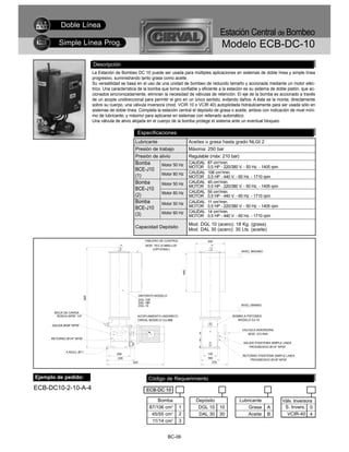 Doble Línea
                                                                                                                  Estación Central de Bombeo
          Simple Línea Prog.                                                                                      Modelo ECB-DC-10
                                 Descripción
                                 La Estación de Bombeo DC 10 puede ser usada para múltiples aplicaciones en sistemas de doble línea y simple línea
                                 progresivo, suministrando tanto grasa como aceite.
                                 Su versatilidad se basa en el uso de una unidad de bombeo de reducido tamaño y accionada mediante un motor eléc-
                                 trico. Una característica de la bomba que torna confiable y eficiente a la estación es su sistema de doble pistón, que ac-
                                 cionados sincronizadamente, eliminan la necesidad de válvulas de retención. El eje de la bomba es accionado a través
                                 de un acople unidireccional para permitir el giro en un único sentido, evitando daños. A ésta se la monta, directamente
                                 sobre su cuerpo, una válvula inversora (mod. VCIR 10 o VCIR 40) autopilotada hidráulicamente para ser usada sólo en
                                 sistemas de doble línea. Completa la estación central el depósito de grasa o aceite, ambos con indicación de nivel míni-
                                 mo de lubricante, y máximo para aplicarse en sistemas con rellenado automático.
                                 Una válvula de alivio alojada en el cuerpo de la bomba protege el sistema ante un eventual bloqueo.

                                                         Especificaciones
                                                        Lubricante                              Aceites o grasa hasta grado NLGI 2
                                                        Presión de trabajo                      Máxima: 250 bar
                                                        Presión de alivio                       Regulable (máx: 210 bar)
                                                        Bomba            Motor 50 Hz
                                                                                                CAUDAL   87 cm3/min.
                                                                                                MOTOR    0,5 HP - 220/380 V. - 50 Hz. - 1405 rpm
                                                        BCE-J10
                                                                         Motor 60 Hz            CAUDAL   106 cm3/min.
                                                        (1)                                     MOTOR    0,5 HP - 440 V. - 60 Hz. - 1710 rpm
                                                        Bomba            Motor 50 Hz            CAUDAL   45 cm3/min.
                                                                                                MOTOR    0,5 HP - 220/380 V. - 50 Hz. - 1405 rpm
                                                        BCE-J10
                                                                         Motor 60 Hz            CAUDAL   55 cm3/min.
                                                        (2)                                     MOTOR    0,5 HP - 440 V. - 60 Hz. - 1710 rpm
                                                        Bomba            Motor 50 Hz            CAUDAL   11 cm3/min.
                                                        BCE-J10                                 MOTOR    0,5 HP - 220/380 V. - 50 Hz. - 1405 rpm
                                                                         Motor 60 Hz            CAUDAL   14 cm3/min.
                                                        (3)                                     MOTOR    0,5 HP - 440 V. - 60 Hz. - 1710 rpm

                                                                                                Mod. DGL 10 (acero): 18 Kg. (grasa)
                                                        Capacidad Depósito
                                                                                                Mod. DAL 30 (acero): 30 Lts. (aceite)

                                                                TABLERO DE CONTROL                       330
                                                                MOD. TEC-D-9900-LGF
                                                                    (OPCIONAL)
                                                                                                                           NIVEL MAXIMO
                                                                                          440




                                                             DEPOSITO MODELO
                           920




                                                             DGL-10P
                                                             DAL-18P
                                                             DGL-10                                                        NIVEL MINIMO

       BOCA DE CARGA
        ROSCA NPSF 1/4"                                  ACOPLAMIENTO UNIDIRECC.                                       BOMBA A PISTONES
                                                         CIRVAL MODELO CU-968                                             MODELO DJ-10
      SALIDA Ø3/8" NPSF
                                                                                                                            VALVULA INVERSORA
                                                                                                                               MOD. VCI-R40
      RETORNO Ø1/4" NPSF
                                                                                                                             SALIDA P/SISTEMA SIMPLE LINEA
                                                                                                                                PROGRESIVO Ø1/4" NPSF
              4 AGUJ. Ø11
                                              205                                                        130
                                                                                                                            RETORNO P/SISTEMA SIMPLE LINEA
                                               235                                                       160
                                                                                                                                PROGRESIVO Ø1/8" NPSF
                                                       430                                                  270




Ejemplo de pedido:                                                Código de Requerimiento
ECB-DC10-2-10-A-4                                                ECB-DC 10

                                                                      Bomba                        Depósito                Lubricante               Válv. Inversora
                                                                  87/106 cm3          1             DGL 10        10           Grasa       A         S. Invers. 0
                                                                   45/55 cm3          2             DAL 30        30           Aceite      B          VCIR-40 4
                                                                   11/14 cm3          3


                                                                               BC-06
 