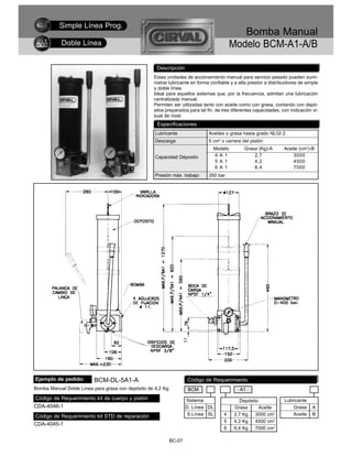 Simple Línea Prog.
                                                                                             Bomba Manual
           Doble Línea                                                                    Modelo BCM-A1-A/B

                                                     Descripción
                                                    Estas unidades de accionamiento manual para servicio pesado pueden sumi-
                                                    nistrar lubricante en forma confiable y a alta presión a distribuidores de simple
                                                    y doble línea.
                                                    Ideal para aquellos sistemas que, por la frecuencia, admitan una lubricación
                                                    centralizada manual.
                                                    Permiten ser utilizadas tanto con aceite como con grasa, contando con depó-
                                                    sitos preparados para tal fin, de tres diferentes capacidades, con indicación vi-
                                                    sual de nivel.
                                                     Especificaciones
                                                    Lubricante                 Aceites o grasa hasta grado NLGI 2
                                                    Descarga                   5 cm3 x carrera del pistón
                                                                                 Modelo         Grasa (Kg)-A        Aceite (cm3)-B
                                                    Capacidad Déposito           4 A 1              2,7                 3000
                                                                                 5 A 1              4,2                 4500
                                                                                 6 A 1              6,4                 7000
                                                    Presión máx. trabajo       350 bar




Ejemplo de pedido:        BCM-DL-5A1-A                              Código de Requerimiento
Bomba Manual Doble Línea para grasa con depósito de 4,2 Kg.         BCM                       A1
Código de Requerimiento kit de cuerpo y pistón                     Sistema                   Depósito               Lubricante
CDA-4046-1                                                         D. Línea DL             Grasa      Aceite            Grasa     A
Código de Requerimiento kit STD de reparación                      S.Línea SL         4    2,7 Kg   3000 cm3            Aceite    B
                                                                                      5    4,2 Kg   4500 cm3
CDA-4045-1
                                                                                      6    6,4 Kg   7000 cm3

                                                           BC-07
 
