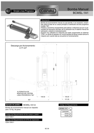 Simple Línea Progresivo
                                                                                            Bomba Manual
                                                                                                    BCMSL-1A1

                                                  Descripción
                                                 Bomba de accionamiento manual, la cual permite, si es necesario, ensam-
                                                 blar sobre la base de su cuerpo principal un distribuidor de linea progresiva
                                                 modelo *MJ*.
                                                 Práctico y económico equipamiento para aplicar a máquinas que por su pe-
                                                 riocidad de lubricación permiten de la colocación de un sistema manual de
                                                 lubricación, evitando la sobrelubricación.
                                                 Equipos muy utilizados en máquinas que están programadas en sistemas
                                                 T.P.M., en donde el operador sin mucha perdida de tiempo puede lubricar la
                                                 máquina aún cuando ésta se encuentre en funcionamiento.




       Descarga por Accionamiento:
                2,17 cm³



                                                                          571
                                                                    394




                                                                                                        33




               ALTERNATIVA DE
               MONTAJE DEL DISTRIB.
               LINEA PROGRESIVA *MJ*
                                                 146.50                                105.00

                               467                                                     121.00


Ejemplo de pedido:      BCMSL-1A1-A                                             Código de Requerimiento
Bomba de accionamiento manual con depósito
                                                                                BCMSL-1A1
para 1/2 Kg. de grasa.
                                                                                   Lubricante
                                                                                       Grasa    A
Código de Requerimiento kit de cuerpo y pistón
                                                                                       Aceite   B
CDA-1046-1
Código de Requerimiento kit STD de reparación
CDA-1045-1



                                                          BC-08
 