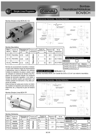 Bombas-
                                                                                                                                             Neumáticas/Hidráulicas
             Simple Línea Progresivo
                                                                                                                                                                                BCN/BCH
                                                          Dimensiones Generales - Bomba Neumática
Bomba Simple Línea BCN-AC-1/2
                                                                                  47                                    169
                                                                                                    37            ENTRADA DE LUBRICANTE
                                                                                                                      3/8" - NPSF
                                                                                                                                                                                     63,5
                                                                                                                            AGUJEROS DE MONTAJE                       PURGA
                                                                                                                             Ø8,75 - CANTIDAD 2

                                                          REGULACION
                                                           DE CAUDAL                                                                                           TORNILLOS DE
                                                                                                                                                               REGULACION




                                                                                                                                                                                                  47,6
                                                                                                                                                                                                         63,5
                                                                                                                                                      ALIMENTACION
                                                                       AGUJEROS DE                                                                    1/4''-NPSF
                                                                       OBSERVACION




                                                                                                                                                                                                         25,4
                                                                                                                                                                                                  7,95
                                                                     TAPON 1/8"-NPSF
                                                                  (PARA ALTERNATIVA                                    ALIMENTACION
                                                                     MANOMETRO                                         DE RETORNO                               SALIDA LUBRICANTE
                                                                                                                                                                      1/4''-NPSF
                                                                                                                       1/4"-NPSF                                                            X

                                                                                       8                 44,5
                                                                                                                               CILINDRO Ø76,2
                                                                                                         54
                                                                                                                                                                                     43



Bomba Neumática                                                                                                                                               AGUJ. DE MONTAJE
                                                                                                                                                             (BOMBA A DEPOSITO)




                                                                                                                                                                                                  24
                                                                                                                                                                                                         38,5
 Mod. Acción de Descarga por Fuerza por                     Presión de                     Relación de   Kit de
 BCN    Retorno
                 Carrera (cm ) motivación
                                    3                      Motivación BAR
                                                                                            Presión    Reparación
                        min.      máx.                     min.              máx.                                                                                                               VISTA X



 AC-02     Neumática    0,70     3,20                       2                10                 22:1                    AC-0-1030-2
                                            Neumática




 AC-12     Neumática                                                                                                    AC-1-1030-2
                                                                                                                                                     Código de Requerimiento
                        0,45     2,20                       2                10                 35:1
                                                                                                                                                  BCN-AC
 AC-22     Neumática    0,13     0,70                       2                10                 87:1                    AC-2-1030-2
                                                                                                                                                  Caudal 0,70-3,20              0     Retorno
                                                                                                                                                  Caudal 0,45-2,20              1   Neumático                   2
Bombas de accionamiento neumático e hidráuli-
co para cubrir distintos rangos de requerimientos                                                                                                 Caudal 0,13-0,70              2
y aplicaciones, para su utilización con distintos        Ejemplo de pedido:
modelos de depósitos de grasa o aceite y para
                                                                                                                       BCN-AC-1-2
ser utilizados en sistemas de Simple Línea Pro-          Bomba neumática BCN, con caudal de 0,45 a 2,2 cm3 con retorno neumático.
gresivo. De construcción robusta, con caudal de
entrega de lubricante regulable, y con pistón y
camisa de extremo ajuste que garantizan una
medida cantidad de lubricante a muy altas pre-            Dimensiones Generales - Bomba Hidráulica
siones de trabajo.
Estas bombas son aptas para montar con distin-                               43
                                                                                               37
                                                                                                                       171
                                                                                                                 ENTRADA DE LUBRICANTE
tos modelos de depósitos para lubricar prensas,                                                                      3/8'' - NPSF
                                                                                                                                                                                    63,5
balancines, etc. y máquinas en gral. de mediano                                                                           AGUJEROS DE MONTAJE
                                                                                                                           Ø8,75 - CANTIDAD 2
                                                                                                                                                                      PURGA

porte.
                                                                                                                                                             TORNILLOS DE
                                                                                                                                                              REGULACION

Bomba Simple Línea BCH-TP
                                                                                                                                                                                                47,6
                                                                                                                                                                                                       63,5




                                                                                                                                                     ALIMENTACION
                                                                                                                                                     1/4''-NPSF
                                                                     AGUJEROS DE
                                                                     OBSERVACION
                                                                                                                                                                                                       25,4
                                                                                                                                                                                                7,95




                                                                TAPON 1/8''-NPSF
                                                             (PARA ALTERNATIVA                                        ALIMENTACION
                                                                MANOMETRO)                                            DE RETORNO                               SALIDA LUBRICANTE
                                                                                                                      1/4''-NPSF                                     1/4'' - NPSF
                                                                                                                                                                                            X
                                                                                                                              EXAGONO 2''(50,8)
                                                                                   8                44,5
                                                                                                    54
                                                                                                                                                                                     43
                                                                                                                                                              AGUJ. DE MONTAJE
                                                                                                                                                             (BOMBA A DEPOSITO)
                                                                                                                                                                                                 24
                                                                                                                                                                                                         38,5




Bomba Hidráulica                                                                                                                                                                                VISTA X


 Mod. Acción de         Descarga por Fuerza por                  Presión de      Relación de   Kit de
 BCH    Retorno
                         Carrera (cm ) motivación
                                        3
                                                            Motivación (Kg./cm )  Presión
                                                                                           2

                                                                                             Reparación                                              Código de Requerimiento
                        min.       máx.                     min.          máx.

CT1-1 resorte           0,29      1,05                     17,5                   140                                                                BCH-CT
                                            Hidráulica




                                                                                                                6:1        CT-1-1030-2
CT1-2 hidráulica        0,29      1,05                     7                      140                                                                   Caudal                        Retorno
CT2-1 resorte           0,57      2,78                     21                     140                                                                0,29 - 1,05            1         Resorte                   1
                                                                                                                2:1        CT-2-1030-2
CT2-2 hidráulica        0,57      2,78                     14                     140                                                                0,57 - 2,78            2       Hidráulica                  2

                                                                                       BC-09
 