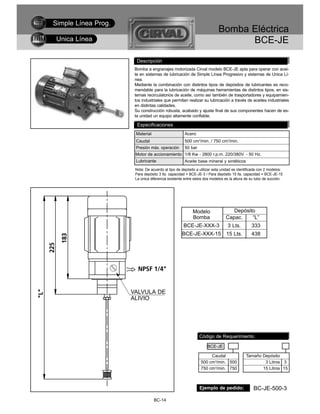 Simple Línea Prog.
                                                                        Bomba Eléctrica
 Unica Línea                                                                  BCE-JE

                       Descripción
                      Bomba a engranajes motorizada Cirval modelo BCE-JE apta para operar con acei-
                      te en sistemas de lubricación de Simple Línea Progresivo y sistemas de Unica Lí-
                      nea.
                      Mediante la combinación con distintos tipos de depósitos de lubricantes es reco-
                      mendable para la lubricación de máquinas herramientas de distintos tipos, en sis-
                      temas recirculatorios de aceite, como así también de trasportadores y equipamien-
                      tos industriales que permitan realizar su lubricación a través de aceites industriales
                      en distintas calidades.
                      Su construcción robusta, acabado y ajuste final de sus componentes hacen de es-
                      ta unidad un equipo altamente confiable.

                       Especificaciones
                      Material                      Acero
                      Caudal                        500 cm3/min. / 750 cm3/min.
                      Presión máx. operación        50 bar
                      Motor de accionamiento 1/8 Kw - 2800 r.p.m. 220/380V. - 50 Hz.
                      Lubricante                    Aceite base mineral y sintéticos
                      Nota: De acuerdo al tipo de depósito a utilizar esta unidad es identificada con 2 modelos:
                      Para depósito 3 lts. capacidad = BCE-JE-3 / Para depósito 15 lts. capacidad = BCE-JE-15
                      La única diferencia existente entre estos dos modelos es la altura de su tubo de succión.




                                                         Modelo                 Depósito
                                                         Bomba               Capac.    “L”
                                                   BCE-JE-XXX-3               3 Lts.         333
                                                  BCE-JE-XXX-15              15 Lts.         438




                     VALVULA DE
                     ALIVIO




                                                             Código de Requerimiento

                                                                  BCE-JE

                                                                   Caudal                Tamaño Depósito
                                                              500 cm3/min. 500                   3 Litros 3
                                                              750 cm3/min. 750                  15 Litros 15



                                                             Ejemplo de pedido:               BC-JE-500-3
                                 BC-14
 