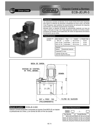 Estación Central de Bombeo
            Unica Línea
                                                                                                    ECB-JE/JR-3

                                                 Descripción
                                                Las estaciones centrales de Bombeo Cirval modelo ECB-JE/JR están diseñadas
                                                para operar en sistemas de lubricación centralizada de Unica Línea y de Simple
                                                Línea Progresiva, para satisfacer los requerimientos de lubricación de máquinas
                                                herramientas y de distintos equipamientos industriales.
                                                Montada sobre un depósito de aceite de policarbonato traslúcido con boca de
                                                carga e interruptor de bajo nivel. Estás estaciones centrales de bombeo pueden
                                                proveerse con bombas Cirval modelo BCE-JR o BCE-JE dependiendo del sistema
                                                de lubricación que se utilice.

                                                 Especificaciones
                                                     Unidades de     Mod. Bomba        Tipo             Caudal        Presión máx.
                                                     Bombeo
                                                                      BCE-JR         A pistón         100 cm3/min        50 bar
                                                                     BCE-JE 500     Engranajes        500 cm3/min        50 bar
                                                                     BCE-JE 750     Engranajes        750 cm3/min        50 bar

                                                                     Depósito
                                                                     Material   Policarbonato traslúcido
                                                                     Capacidad 3 Litros
                                                                     Indicador de bajo nivel
                                                                     Boca de carga de lubricante




Ejemplo de pedido:     ECB-JE-3-500                                               Código de Requerimiento
Estación Central de Bombeo compuesta por bomba Cirval BCE-JE con depósi-
to policarbonato de 3 litros, y con bomba de 500 cm3/min de caudal.                     ECB                   - 3 -

                                                                                   Tipo Bomba                Caudal Bomba
                                                                                      BCE-JR JR            BCE-JR 100 cm3/m 100
                                                                                   BCE-JE 500 JE           BCE-JE 500 cm3/m 500
                                                                                   BCE-JE 750 JE           BCE-JE 750 cm3/m 750

                                                       BC-15
 