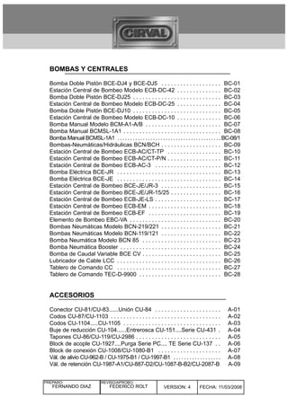BOMBAS Y CENTRALES

  Bomba Doble Pistón BCE-DJ4 y BCE-DJ5 . . . . . . . . . . . . . . . . . . . BC-01
  Estación Central de Bombeo Modelo ECB-DC-42 . . . . . . . . . . . . . . BC-02
  Bomba Doble Pistón BCE-DJ25 . . . . . . . . . . . . . . . . . . . . . . . . . . . . BC-03
  Estación Central de Bombeo Modelo ECB-DC-25 . . . . . . . . . . . . . . BC-04
  Bomba Doble Pistón BCE-DJ10 . . . . . . . . . . . . . . . . . . . . . . . . . . . . BC-05
  Estación Central de Bombeo Modelo ECB-DC-10 . . . . . . . . . . . . . . BC-06
  Bomba Manual Modelo BCM-A1-A/B . . . . . . . . . . . . . . . . . . . . . . . . BC-07
  Bomba Manual BCMSL-1A1 . . . . . . . . . . . . . . . . . . . . . . . . . . . . . . . BC-08
  Bomba Manual BCMSL-1A1 . . . . . . . . . . . . . . . . . . . . . . . . . . . . . . . . . . . . . . . . . BC-08/1
  Bombas-Neumáticas/Hidráulicas BCN/BCH . . . . . . . . . . . . . . . . . . . BC-09
  Estación Central de Bombeo ECB-AC/CT-TP . . . . . . . . . . . . . . . . . BC-10
  Estación Central de Bombeo ECB-AC/CT-P/N . . . . . . . . . . . . . . . . . BC-11
  Estación Central de Bombeo ECB-AC-3 . . . . . . . . . . . . . . . . . . . . . BC-12
  Bomba Eléctrica BCE-JR . . . . . . . . . . . . . . . . . . . . . . . . . . . . . . . . . BC-13
  Bomba Eléctrica BCE-JE . . . . . . . . . . . . . . . . . . . . . . . . . . . . . . . . . BC-14
  Estación Central de Bombeo BCE-JE/JR-3 . . . . . . . . . . . . . . . . . . . BC-15
  Estación Central de Bombeo BCE-JE/JR-15/25 . . . . . . . . . . . . . . . . BC-16
  Estación Central de Bombeo ECB-JE-LS . . . . . . . . . . . . . . . . . . . . . BC-17
  Estación Central de Bombeo ECB-EM . . . . . . . . . . . . . . . . . . . . . . . BC-18
  Estación Central de Bombeo ECB-EF . . . . . . . . . . . . . . . . . . . . . . . BC-19
  Elemento de Bombeo EBC-VA . . . . . . . . . . . . . . . . . . . . . . . . . . . . . BC-20
  Bombas Neumáticas Modelo BCN-219/221 . . . . . . . . . . . . . . . . . . . BC-21
  Bombas Neumáticas Modelo BCN-119/121 . . . . . . . . . . . . . . . . . . . BC-22
  Bomba Neumática Modelo BCN 85 . . . . . . . . . . . . . . . . . . . . . . . . . BC-23
  Bomba Neumática Booster . . . . . . . . . . . . . . . . . . . . . . . . . . . . . . . . BC-24
  Bomba de Caudal Variable BCE CV . . . . . . . . . . . . . . . . . . . . . . . . . BC-25
  Lubricador de Cable LCC . . . . . . . . . . . . . . . . . . . . . . . . . . . . . . . . . BC-26
  Tablero de Comando CC . . . . . . . . . . . . . . . . . . . . . . . . . . . . . . . . . BC-27
  Tablero de Comando TEC-D-9900 . . . . . . . . . . . . . . . . . . . . . . . . . . BC-28


  ACCESORIOS

  Conector CU-81/CU-83......Unión CU-84 . . . . . . . . . . . . . . . . . . . . .                         A-01
  Codos CU-87/CU-1103 . . . . . . . . . . . . . . . . . . . . . . . . . . . . . . . . . . .               A-02
  Codos CU-1104.....CU-1105 . . . . . . . . . . . . . . . . . . . . . . . . . . . . . . .                 A-03
  Buje de reducción CU-104......Entrerosca CU-151....Serie CU-431 .                                       A-04
  Tapones CU-86/CU-119/CU-2986 . . . . . . . . . . . . . . . . . . . . . . . . . . .                      A-05
  Block de acople CU-1927....Purga Serie PC.... TE Serie CU-137 . .                                       A-06
  Block de conexión CU-1008/CU-1080-B1 . . . . . . . . . . . . . . . . . . . .                            A-07
  Vál. de alivio CU-962-B / CU-1975-B1 / CU-1997-B1 . . . . . . . . . . . . . . . . . .                   A-08
  Vál. de retención CU-1987-A1/CU-887-D2/CU-1087-B-B2/CU-2087-B                                           A-09


PREPARO:                        REVISO/APROBO:
   FERNANDO DIAZ                     FEDERICO ROLT                   VERSION: 4           FECHA: 11/03/2008
 