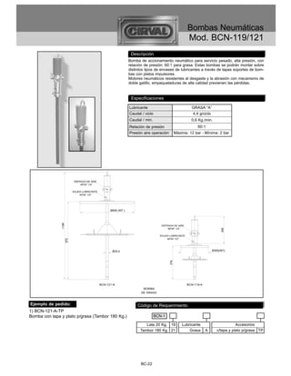 Bombas Neumáticas
                                                                                            Mod. BCN-119/121
                                                      Descripción
                                                     Bomba de accionamiento neumático para servicio pesado, alta presión, con
                                                     relación de presión: 60:1 para grasa. Estas bombas se podrán montar sobre
                                                     distintos tipos de envases de lubricantes a través de tapas soportes de bom-
                                                     bas con platos impulsores.
                                                     Motores neumáticos resistentes al desgaste y la abrasión con mecanismo de
                                                     doble gatillo, empaquetaduras de alta calidad previenen las pérdidas.


                                                      Especificaciones

                                                     Lubricante                              GRASA “A”
                                                     Caudal / ciclo                           4,4 g/ciclo
                                                     Caudal / min.                           0,6 Kg./min.
                                                     Relación de presión                         60:1
                                                     Presión aire operación         Máxima: 12 bar - Mínima: 2 bar




                                       Ø606 (INT.)
               1196




                                                                                                                  306
                      870




                                        Ø33.4                                                               Ø305(INT)
                                                                              376




Ejemplo de pedido:                                        Código de Requerimiento
1) BCN-121-A-TP
Bomba con tapa y plato p/grasa (Tambor 180 Kg.)                       BCN-1

                                                              Lata 20 Kg. 19            Lubricante                        Accesorios
                                                           Tambor 180 Kg 21                 Grasa    A         c/tapa y plato p/grasa TP




                                                            BC-22
 