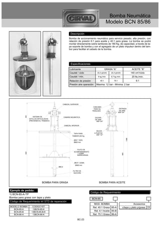 Bomba Neumática
                                                                                                Modelo BCN 85/86

                                                         Descripción
                                                        Bomba de accionamiento neumático para servicio pesado, alta presión, con
                                                        relación de presión 6:1 para aceite y 40:1 para grasa. La bomba se podrá
                                                        montar directamente sobre tambores de 180 Kg. de capacidad, a través de ta-
                                                        pa soporte de bomba y con el agregado de un plato impulsor dentro del tam-
                                                        bor para facilitar el cebado de la bomba.




                                                          Especificaciones
                                                        Lubricante                             GRASA “A”                         ACEITE “B”
                                                        Caudal / ciclo              22,3 g/ciclo    22,3 g/ciclo                140 cm3/ciclo
                                                        Caudal / min.                9 kg./min.     5,7 kg./min.                 20 lts./min.
                                                        Relación de presión             40:1           75:1                          6:1
                                                        Presión aire operación     Máxima: 12 bar - Mínima: 2 bar




                                               CABEZAL SUPERIOR
                                                                                CANCAMO
                                                                                 PARA SU                       ENTRADA
                                                                               TRASLADO                        DE AIRE
                                                                                                              BSP 3/4"
            551




                      SISTEMA DE                   CAMARA NEUMATICA              ESCAPE
                  GATILLOS ARTICULADOS                                           DE AIRE
                  (PREVIENEN EL TRABADO)                                          BSP 3/4"

                                                   CABEZAL INFERIOR


                                                                                   SALIDA
                                                             TAPA PARA           A PUNTOS
                                                                                    BSP 1/2"
                                                           TAMBOR 200 Kg.
                                                                                                                         1396




                                                             ØINT. TAPA
                                                             Ø600 mm.



                                                                PLATO DE
                                                             ACOMPAÑAMIENTO
            845




                                                                + GOMA
                                                                                                                   845




                                                                BARREGRASA



                                                             ØEXT. GOMA
                                                              Ø565 mm.
                                           Ø60,5

                                                            FILTRO DE
                                                             SUCCION




                               BOMBA PARA GRASA                                        BOMBA PARA ACEITE


Ejemplo de pedido:
                                                                              Código de Requerimiento
1) BCN-85-A-TP
Bomba para grasa con tapa y plato                                              BCN-85
Código de Requerimiento kit STD de reparación
                                                                                MOD. BOMBA                                    Accesorios
MODELO BOMBA         CODIGO KIT                                                Rel. 40:1 Grasa 85-A                c/tapa y plato p/grasa TP
  BCN-85-A           13BCN-85-K
  BCN-85-B          13BCN-85-B-K                                                Rel. 6:1 Aceite 85-B
  BCN-86-A           13BCN-86-K                                                Rel. 75:1 Grasa 86-A

                                                                 BC-23
 