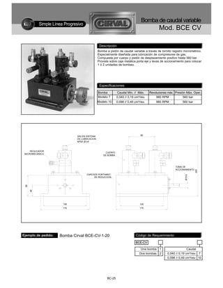 Bomba de caudal variable
           Simple Línea Progresivo
                                                                                             Mod. BCE CV

                                                Descripción
                                               Bomba a pistón de caudal variable a través de tornillo registro micrométrico.
                                               Especialmente diseñada para lubricación de compresores de gas.
                                               Compuesta por cuerpo y pistón de desplazamiento positivo hasta 560 bar.
                                               Provista sobre caja metálica porta eje y levas de accionamiento para colocar
                                               1 ó 2 unidades de bombeo.




                                                Especificaciones

                                               Bomba          Caudal Min. // Máx.      Revoluciones máx. Presión Máx. Oper.
                                               Modelo 7       0,040 // 0,19 cm³/rev.       980 RPM             560 bar
                                               Modelo 10      0,098 // 0,49 cm³/rev.       980 RPM            560 bar




                              SALIDA SISTEMA                                    85
                              DE LUBRICACION
                              NPSF Ø1/4"



     REGULADOR
                                                    CUERPO
 MICROMECANICO
                                                   DE BOMBA




                                                                                                         TOMA DE
                                                                                                         ACCIONAMIENTO




                                                                                                                         220
                                     CARCAZA PORTAMEC.




                                                                                                               Ø15.6
                                          DE REDUCCION
 95

      48




                       155                                                      135
                       170                                                      175




Ejemplo de pedido:   Bomba Cirval BCE-CV-1-20                                Código de Requerimiento

                                                                            BCE-CV

                                                                                Una bomba     1                   Caudal
                                                                               Dos bombas     2    0,040 // 0,19 cm³/rev. 7
                                                                                                   0,098 // 0,49 cm³/rev. 10




                                                      BC-25
 